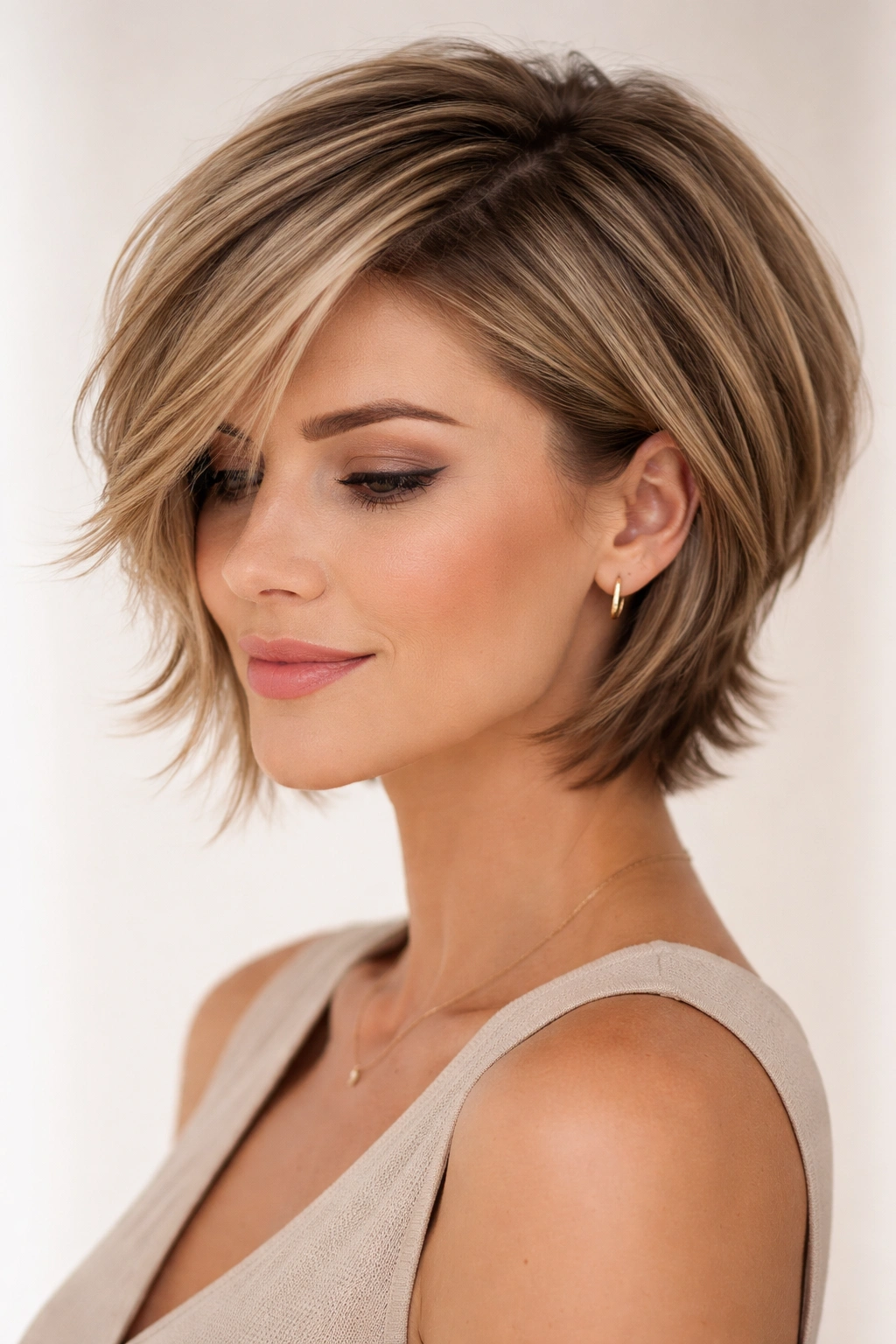 Close-up of feathered short cut with graduated layers and side-part