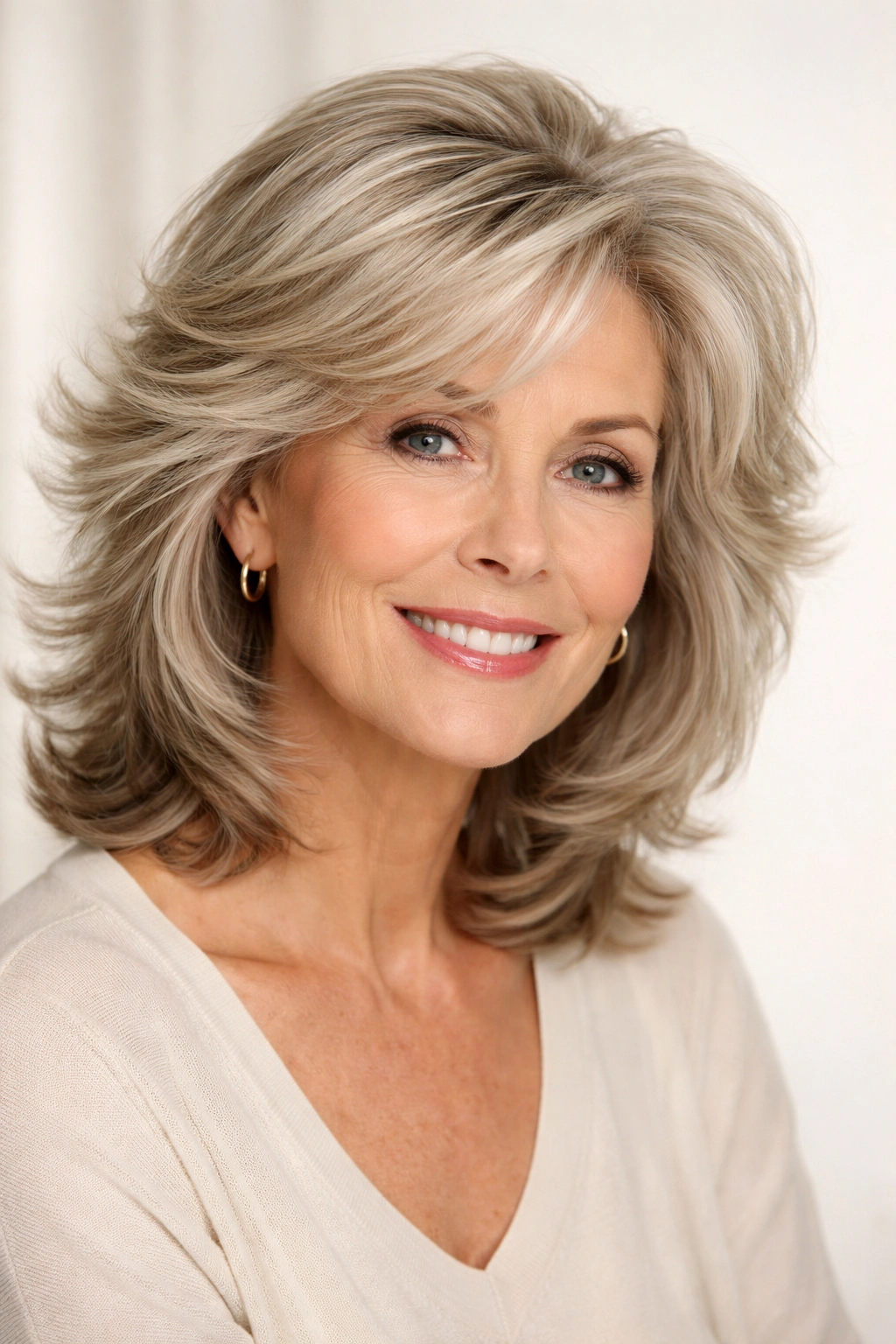 Close-up portrait of a feathered haircut with soft layers and lift