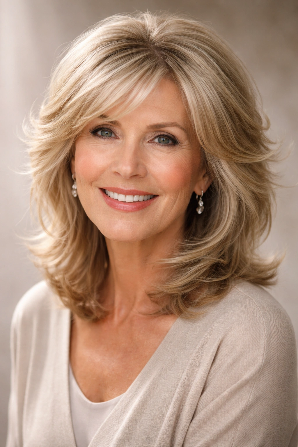 Portrait of a mature woman with a feathered hairstyle showcasing soft layers and face-framing volume