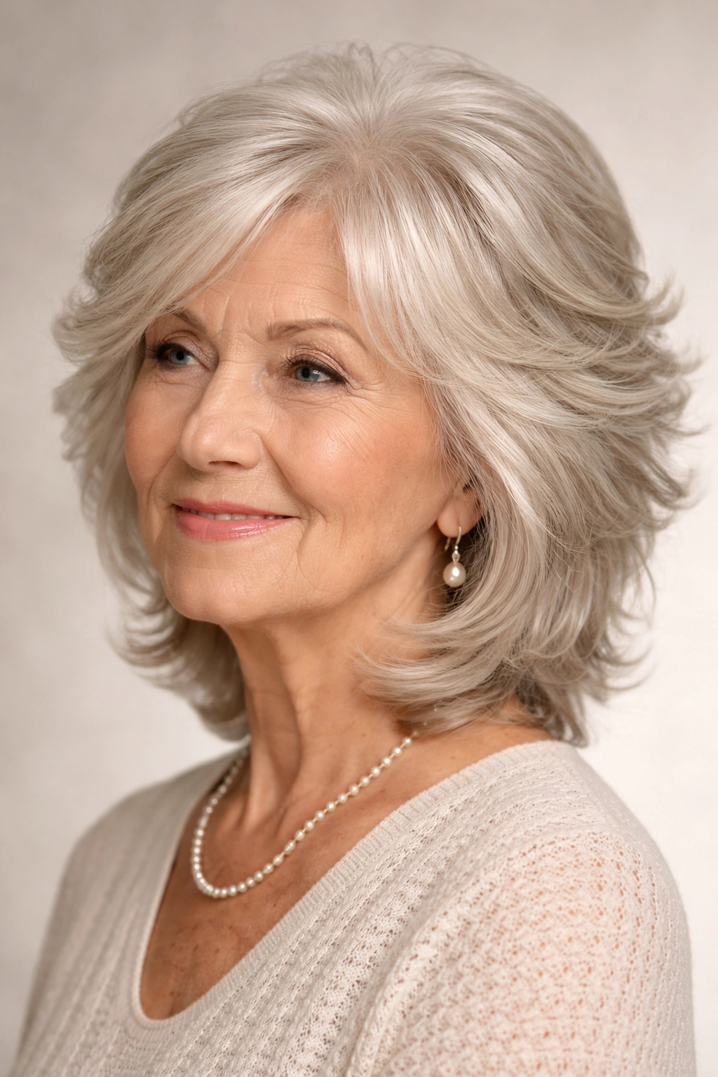 Senior woman with feathered layered haircut sweeping away from the face