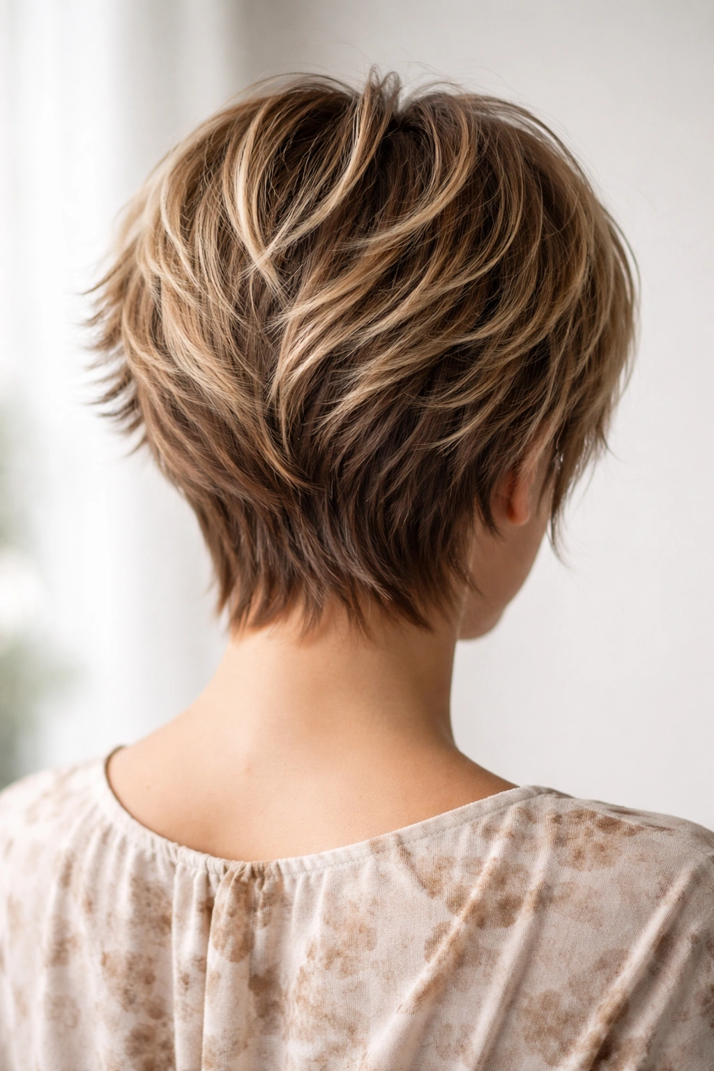 15 Short Haircuts From The Back You Need To See 14 Back view of hair with feathered layers forming a wing-like silhouette.