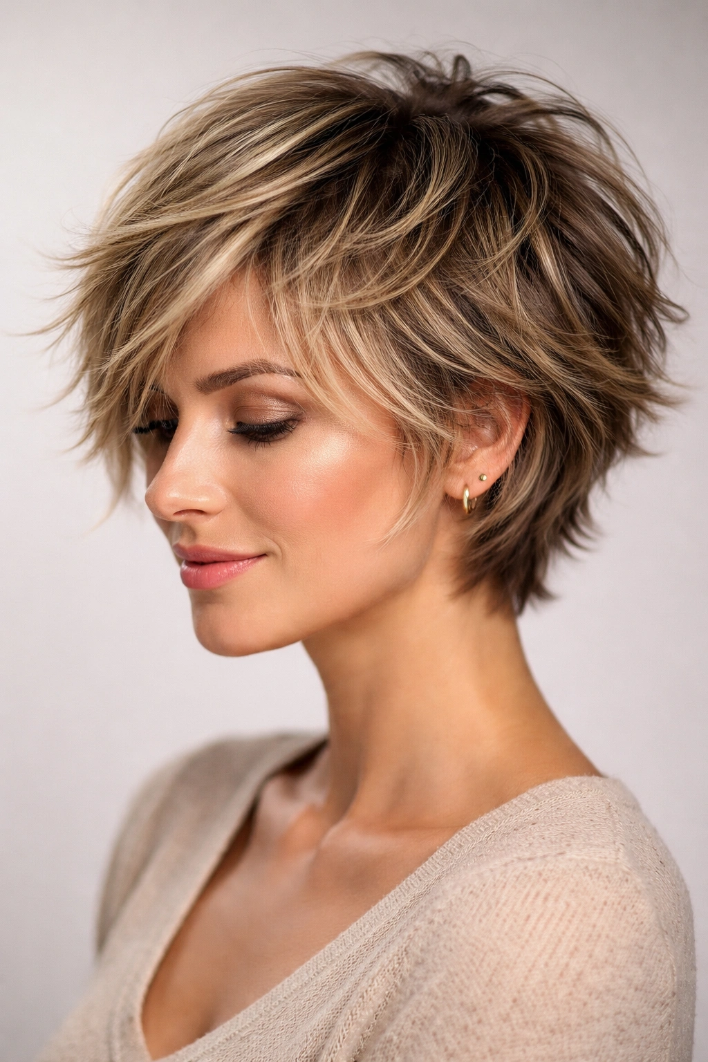 Close-up of a tousled crop with feathered layers and textured ends.