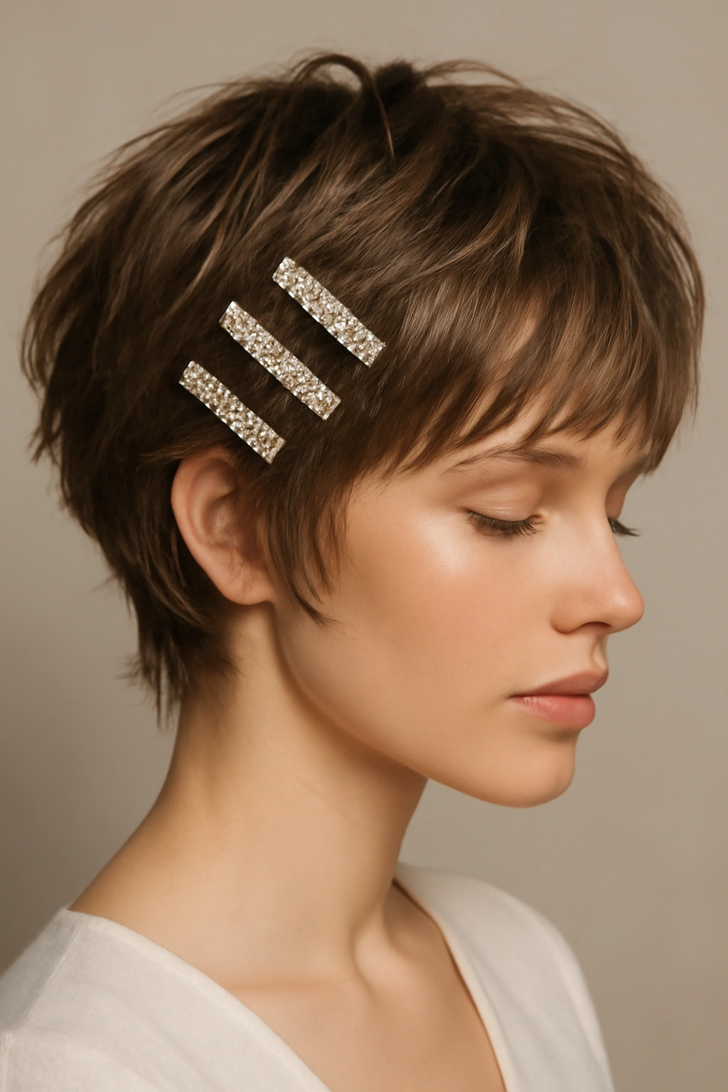 18 Wedding Hairstyles That Look Amazing on Short Hair 16 Feathered layers on short hair with diamond clips interwoven.