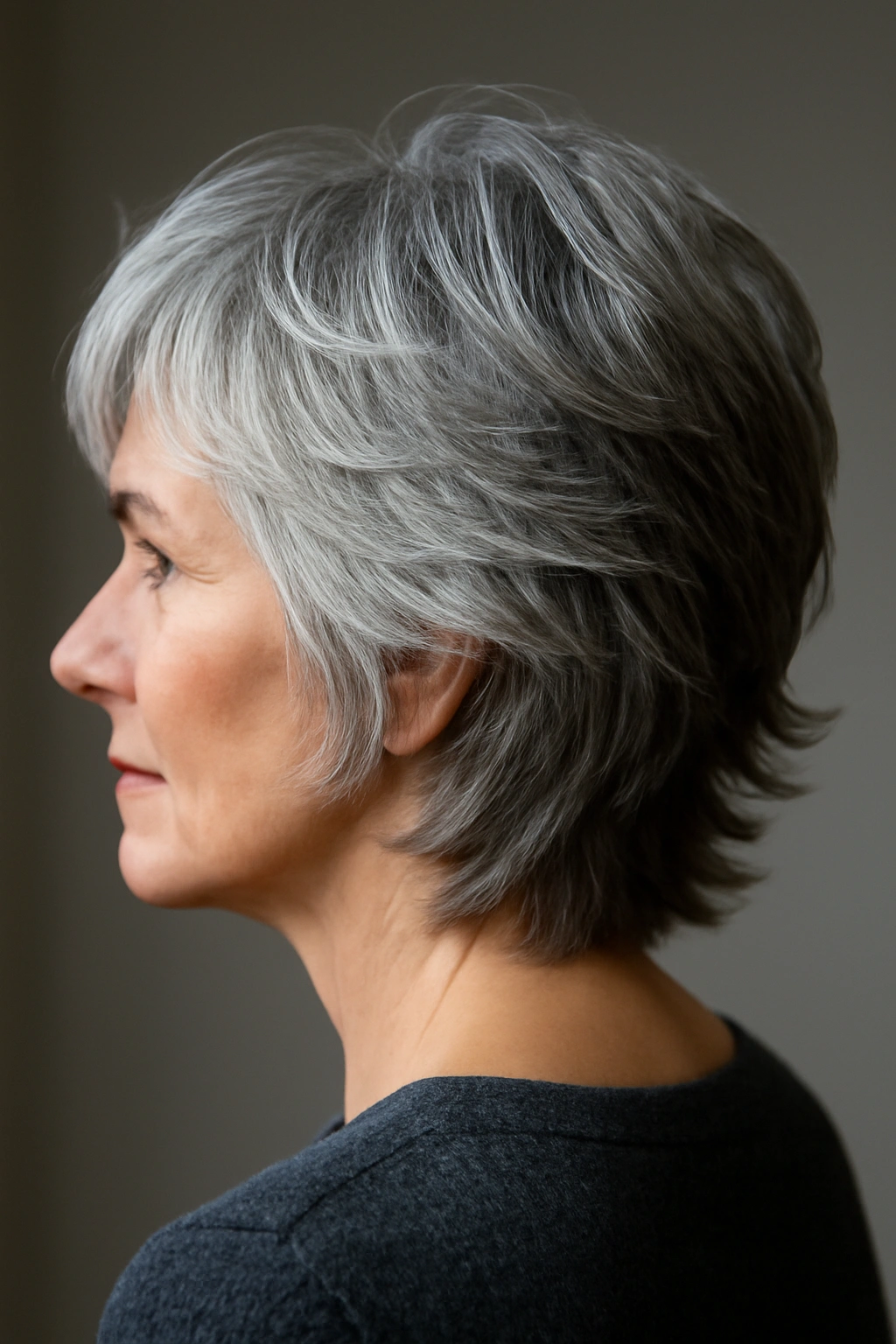 10 Short Haircuts for Women Embracing Their Gray Hair 6 Three-quarter view of feathered layers hairstyle with gray hair