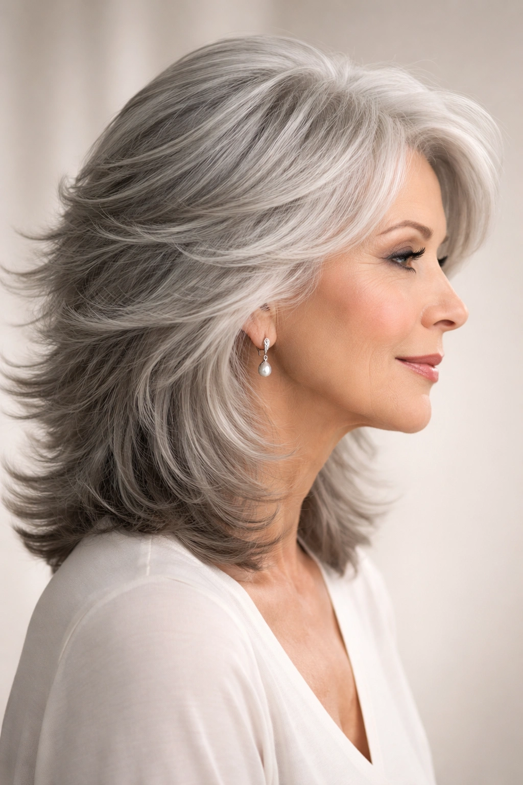 Close-up of gray hair with feathered layers creating soft movement