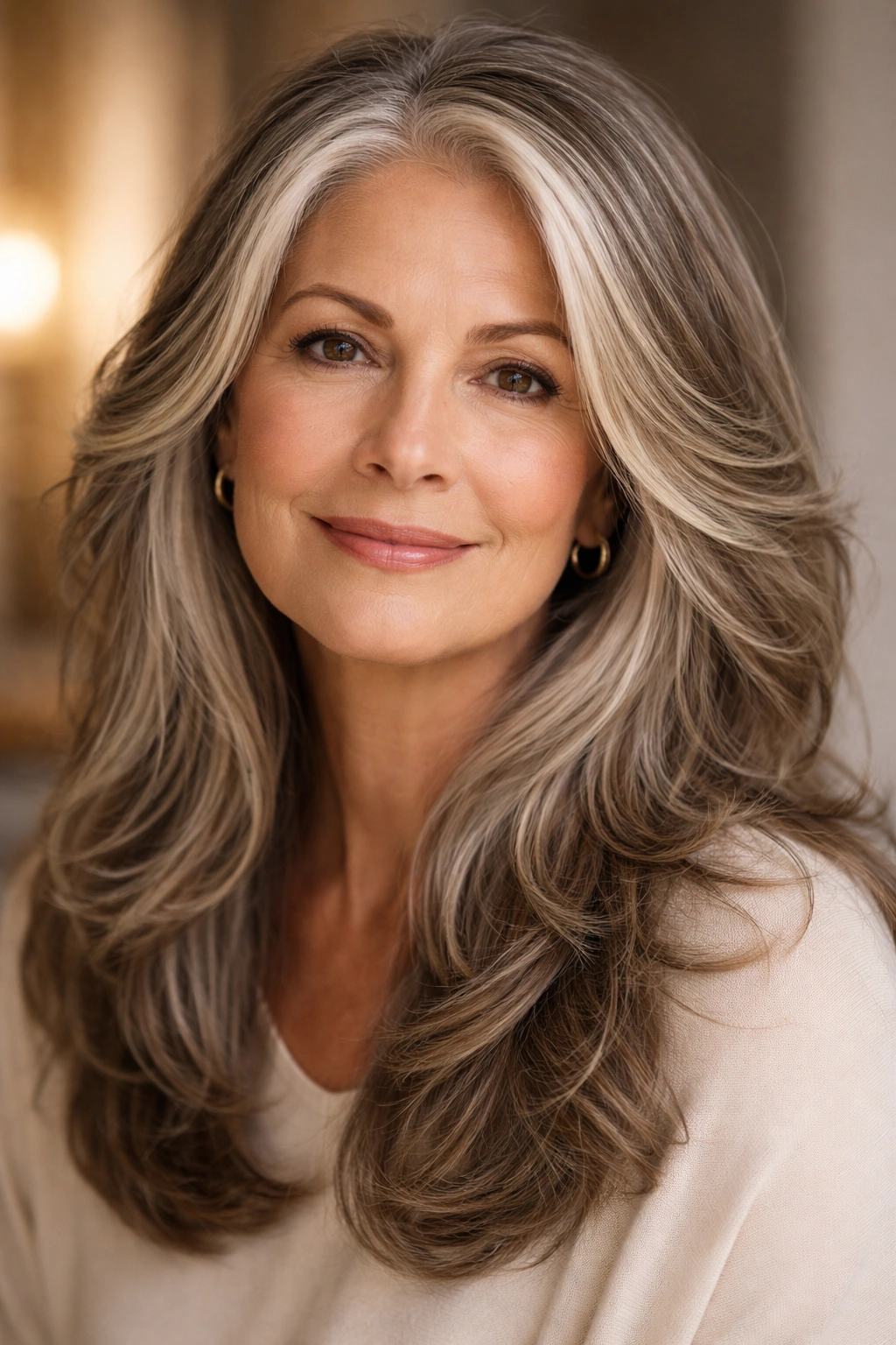 Close-up portrait of a mature woman with soft feathered layers and face-framing highlights.