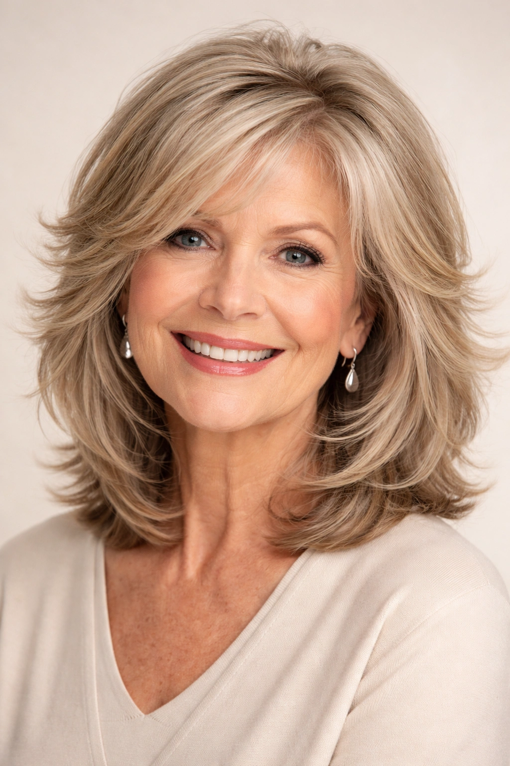 Portrait showcasing medium-length feathered layers for movement