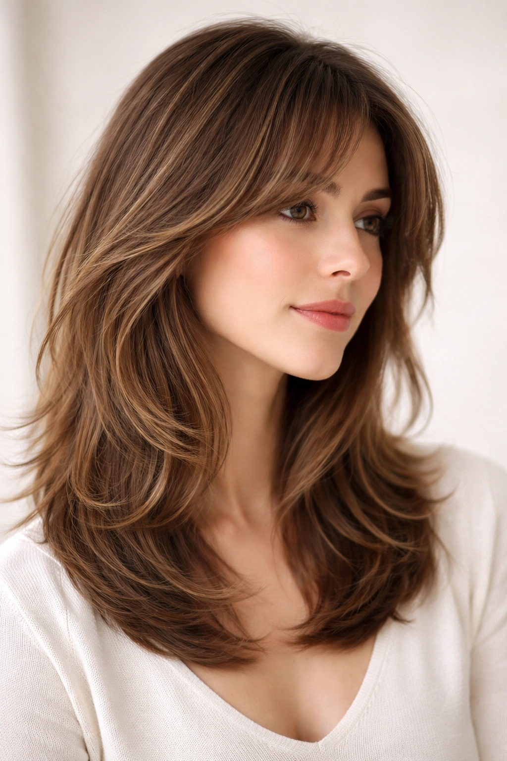 French feathered layers hairstyle with soft graduated texture and crown lift