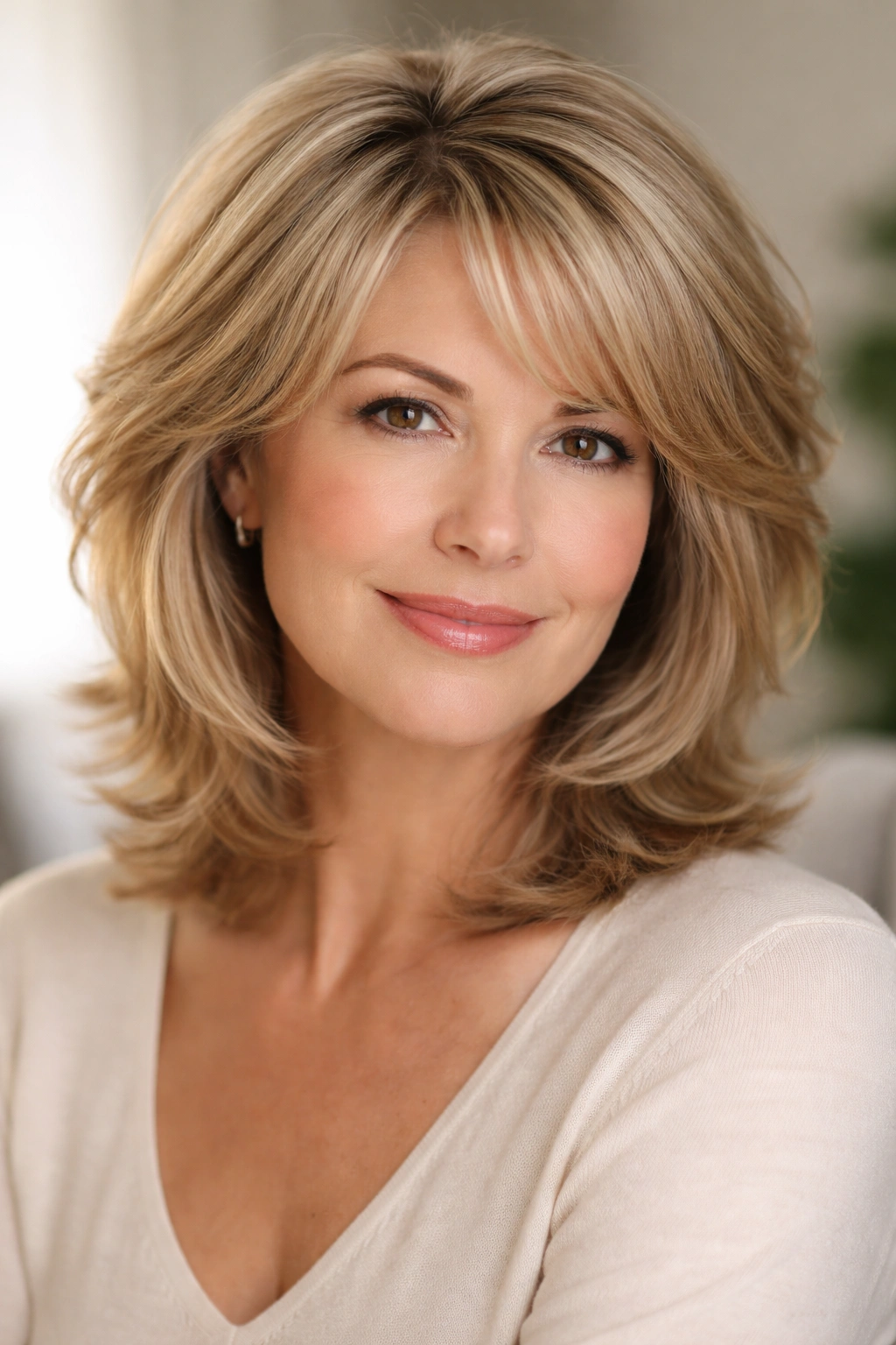 18 Short Hairstyles For Round Faces Over 40 17 Portrait of a woman with soft feathered layers framing the face