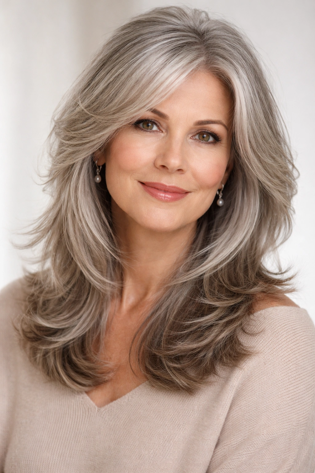 Portrait highlighting feathered layers around the face with soft texture.