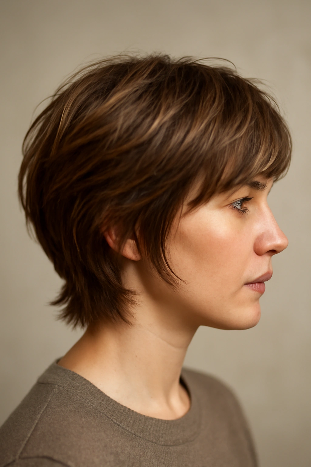 25 Short Hairstyles That Will Instantly Upgrade Your Look 19 Close-up side profile of a short hairstyle with feathered layered texture and movement