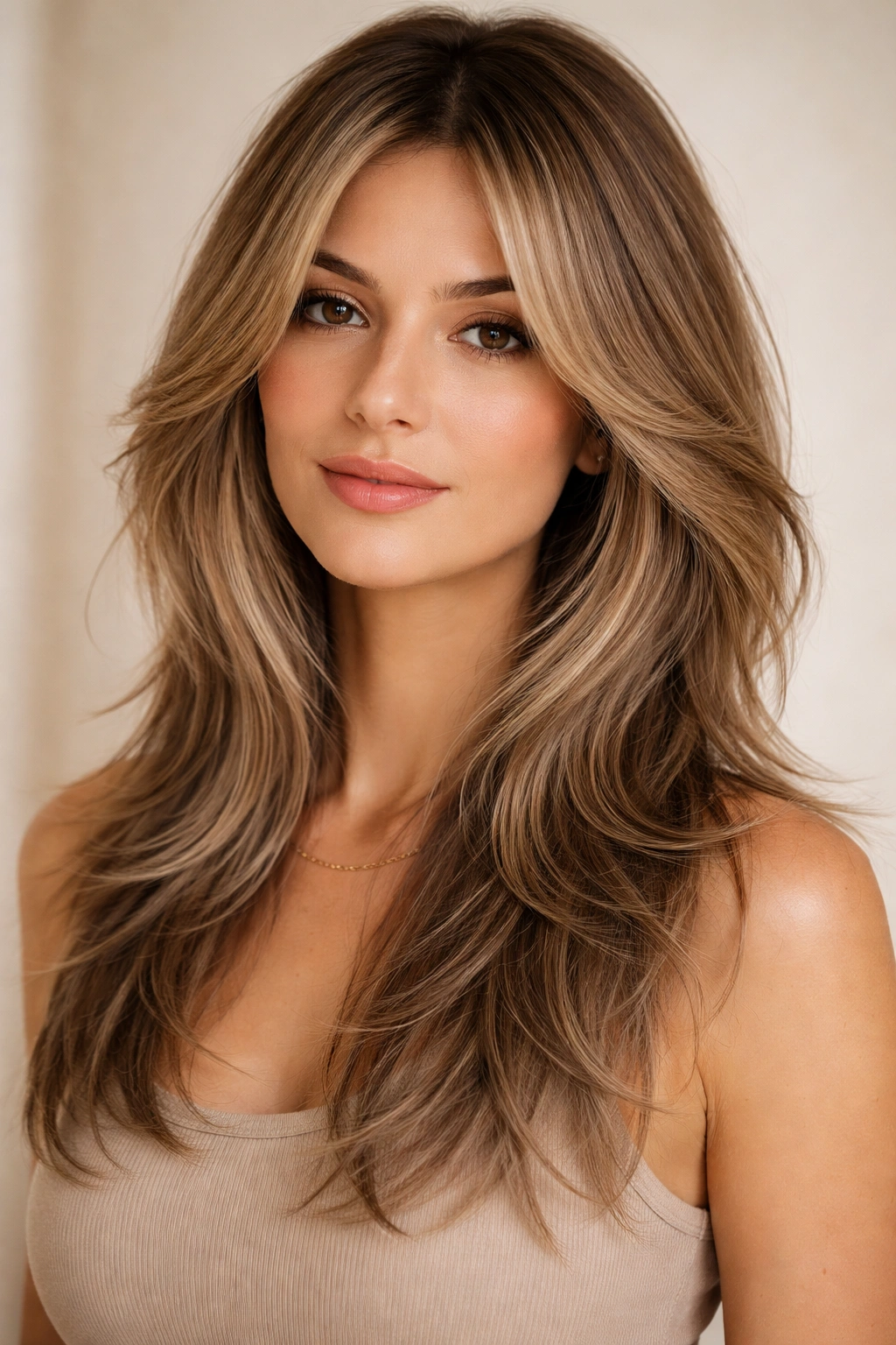 Feathered layered hairstyle with smooth transitions and crown volume.