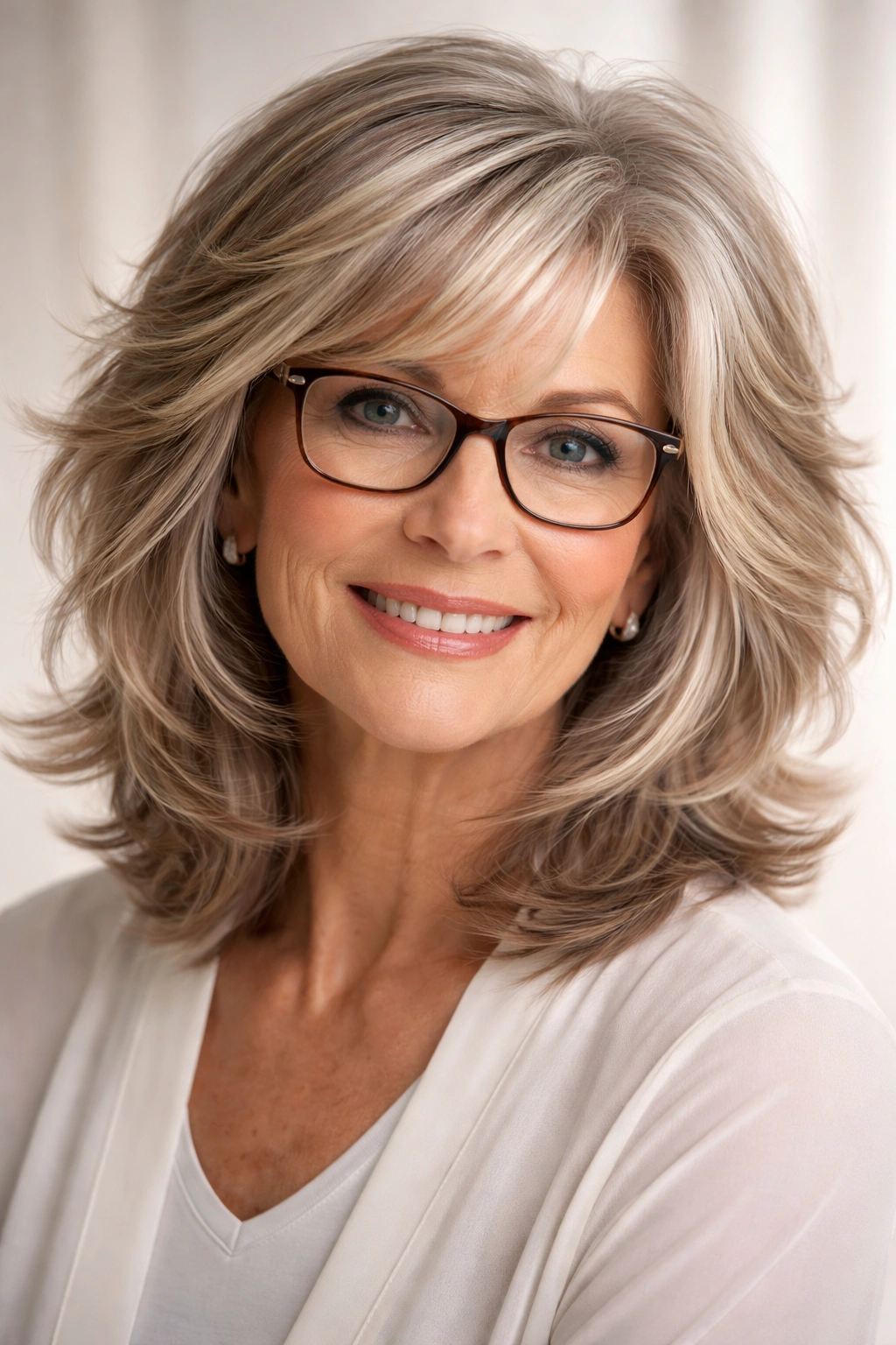 Portrait of a woman with feathered layered hair and highlights