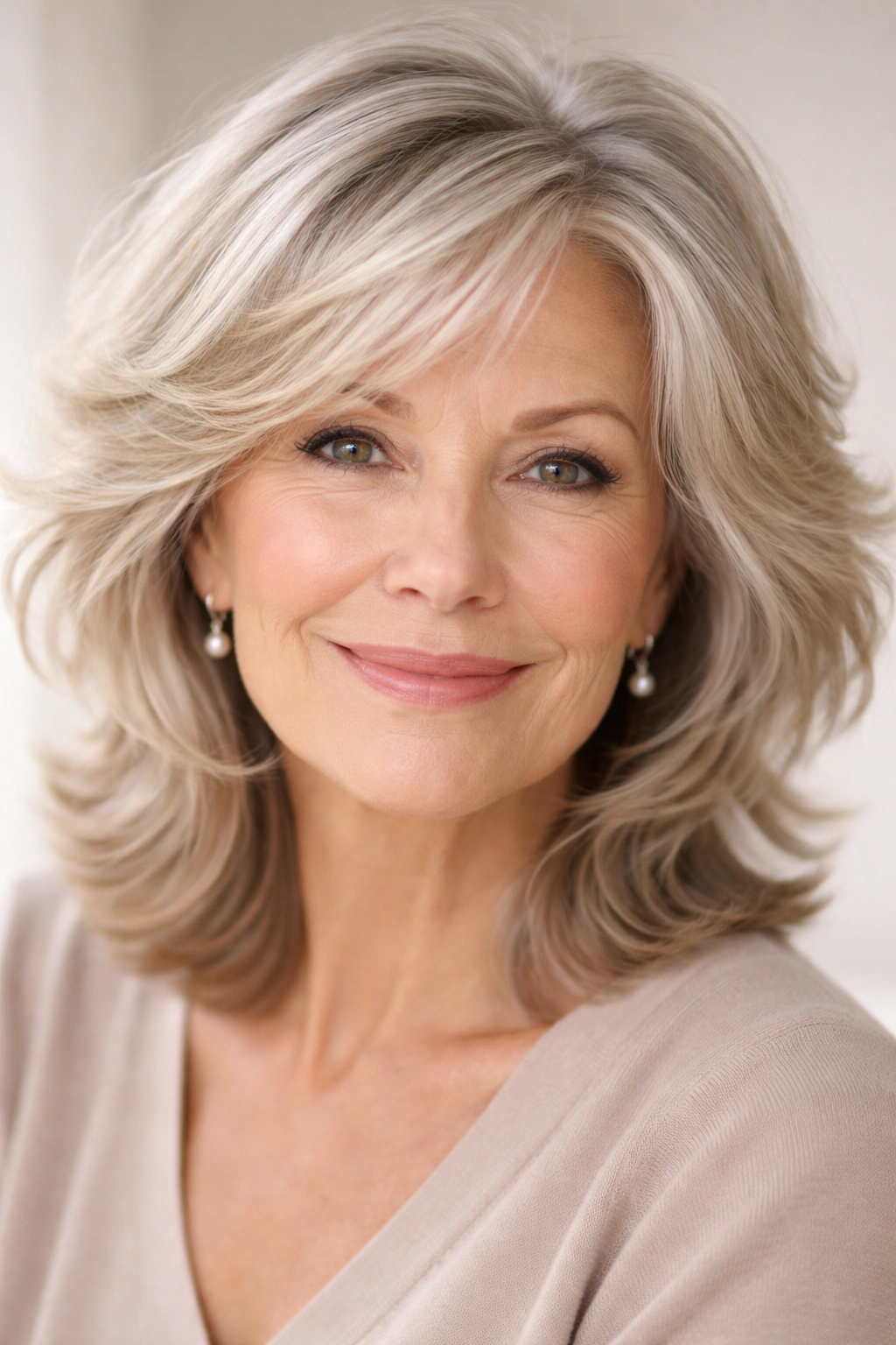 Mature woman with feathered layers framing the face.