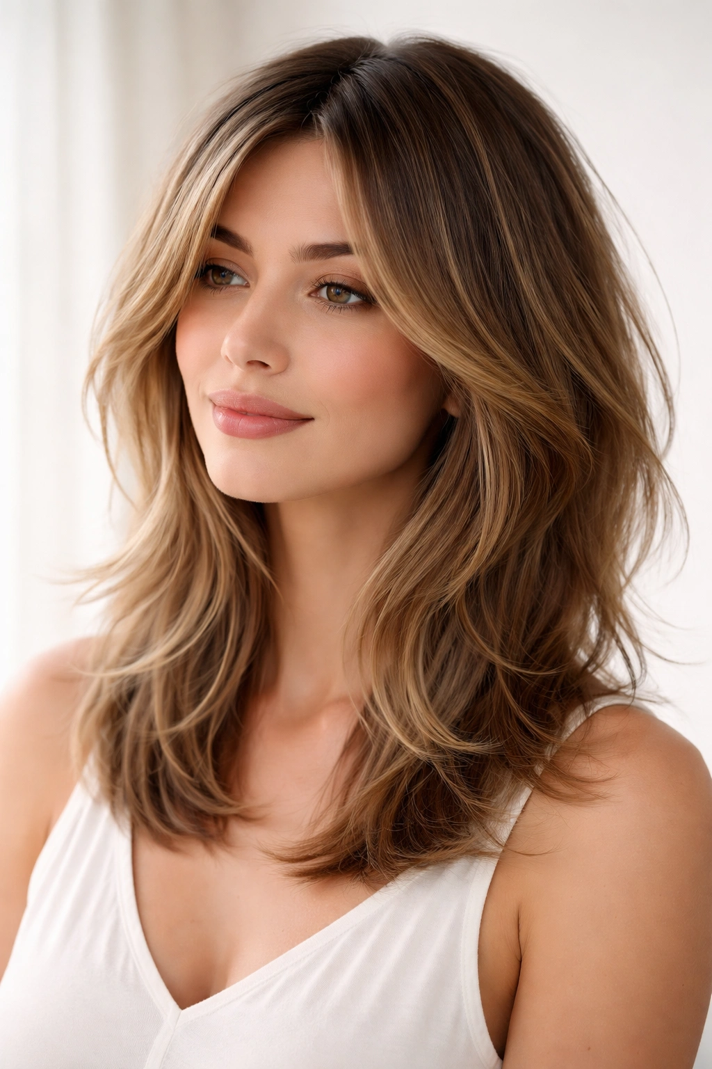 12 Shoulder Length Layered Cuts With Movement 2 Soft feathered shoulder-length hair with light wispy ends and gentle movement