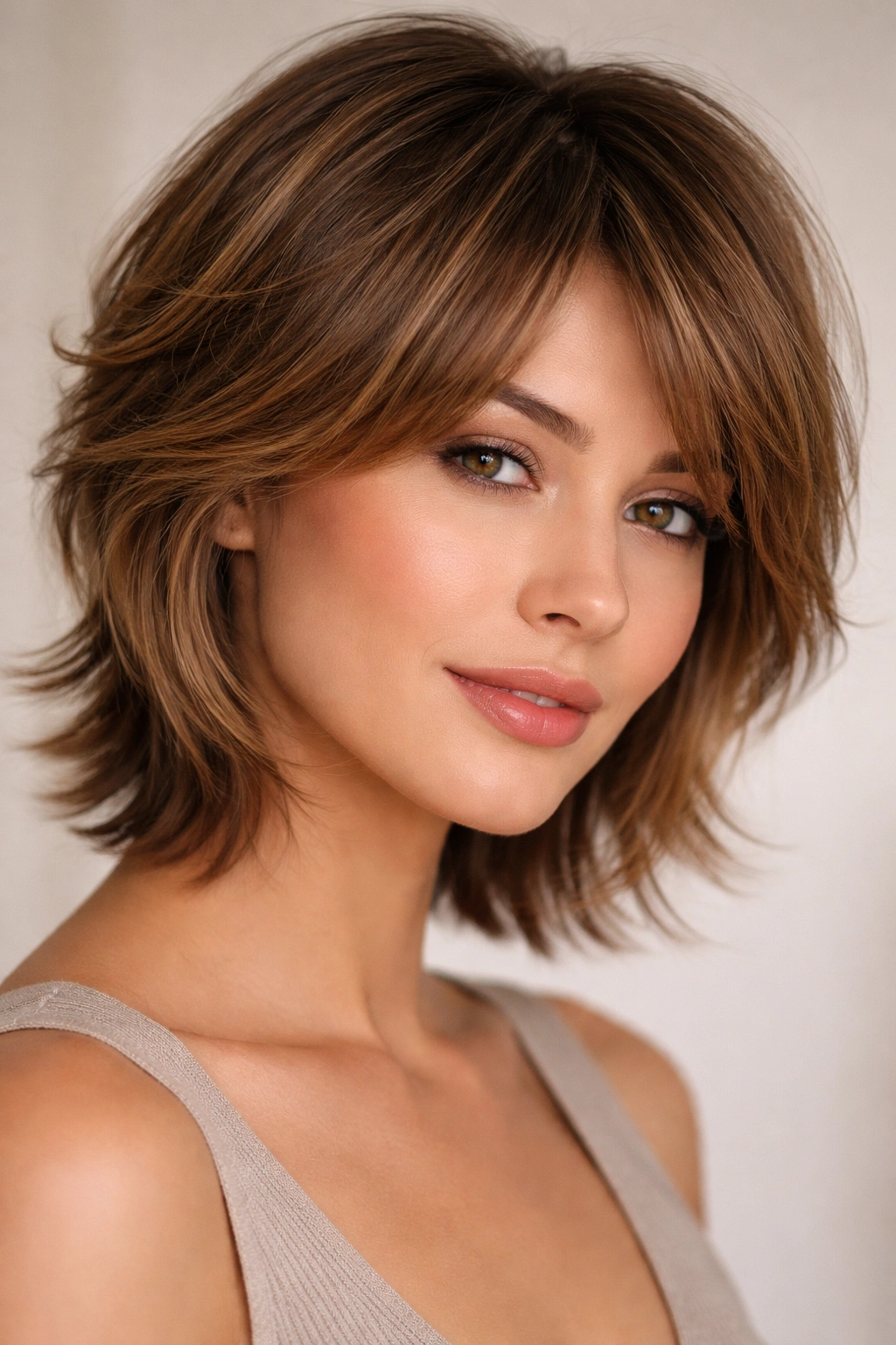 Close-up of a short hairstyle with soft feathered layers in sandy brunette color.