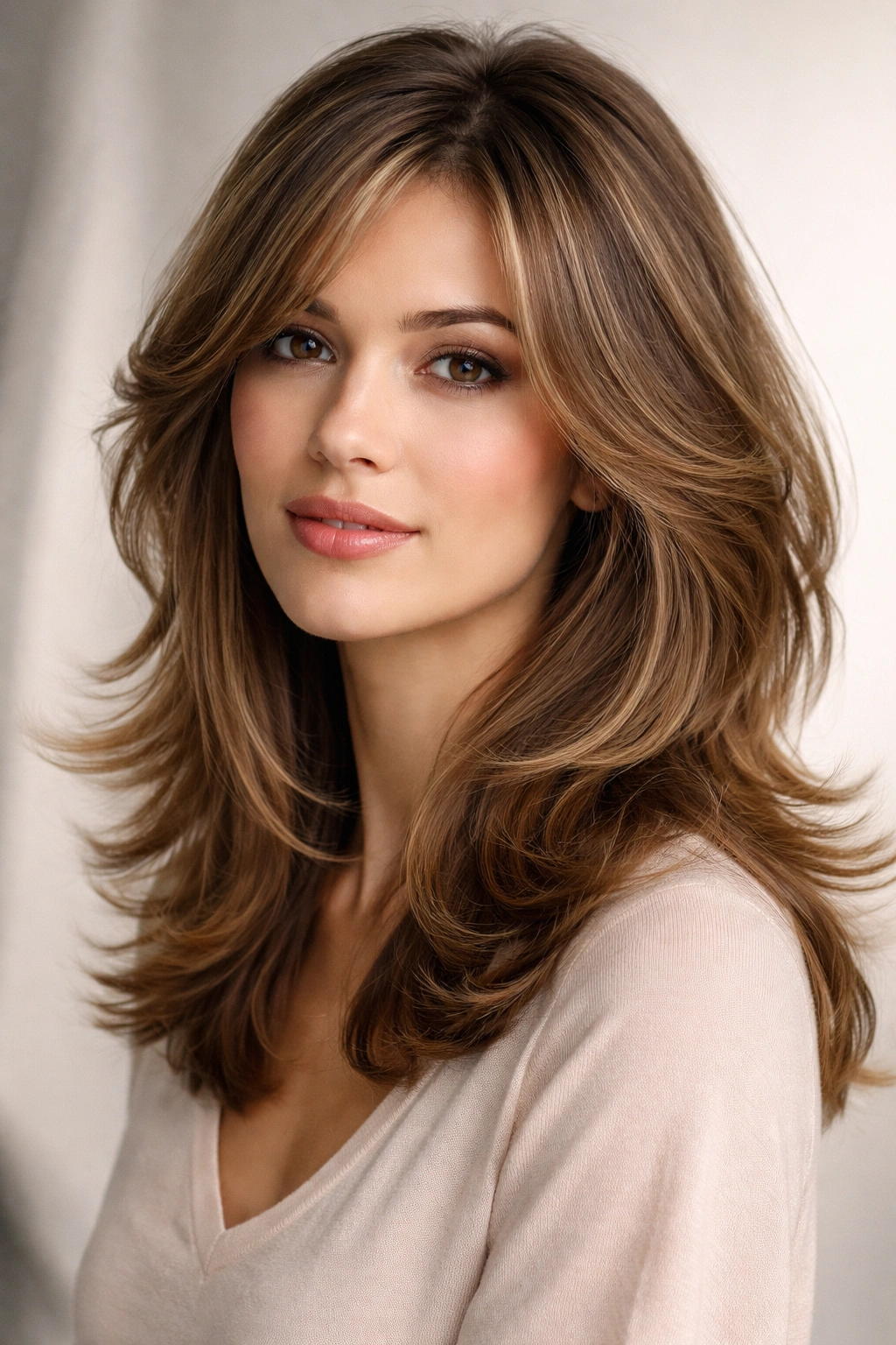 Three-quarter view of shoulder-length hair with feathered layers and volume