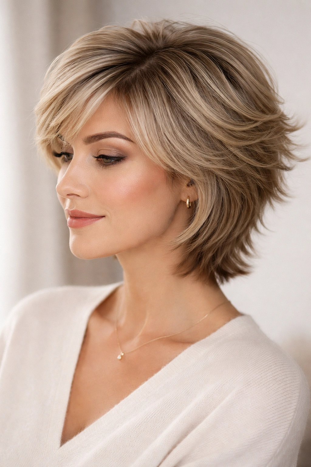 Feathered layer cut with soft wispy layers in profile