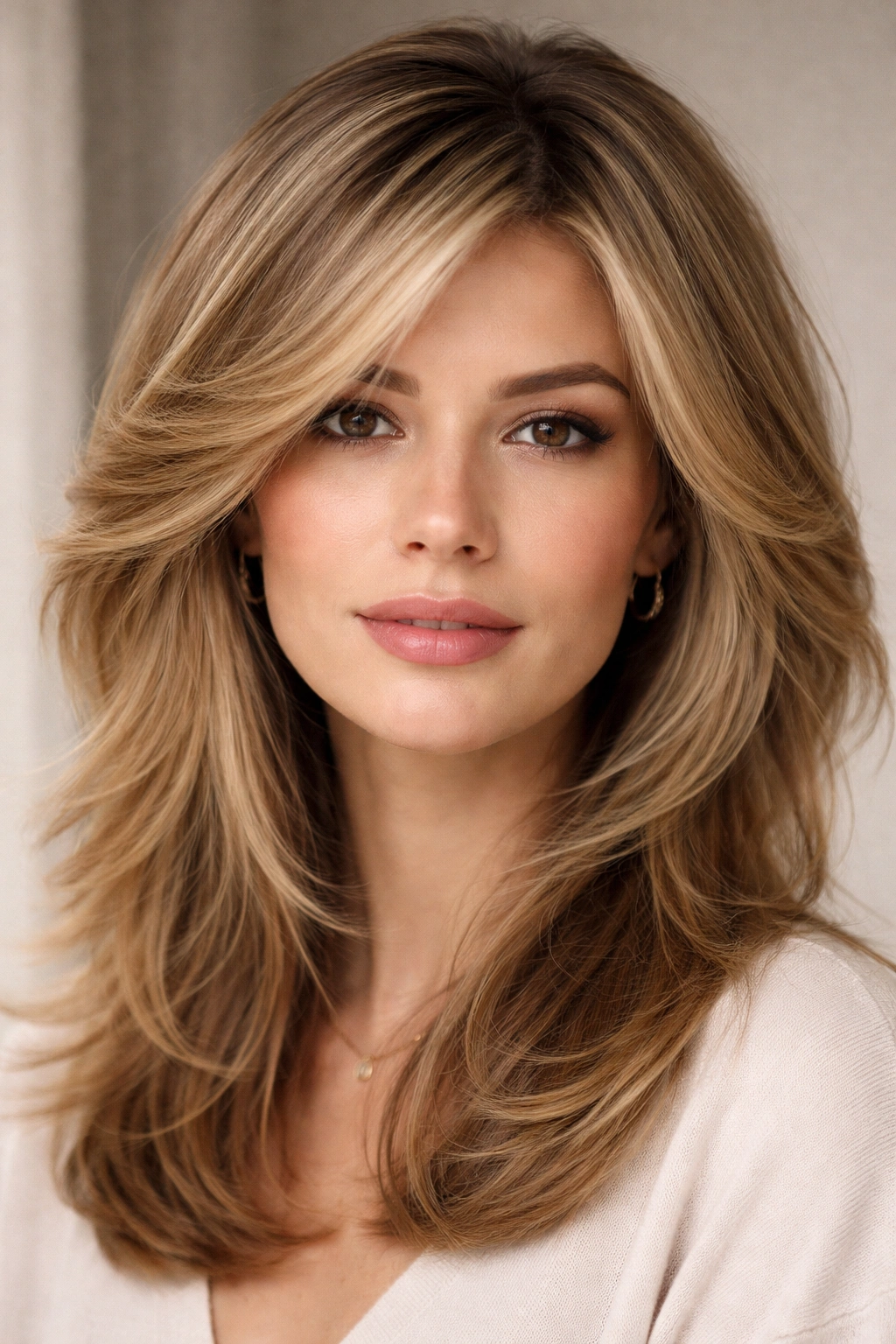 Close-up of hair with feathered layers around temples showing fullness