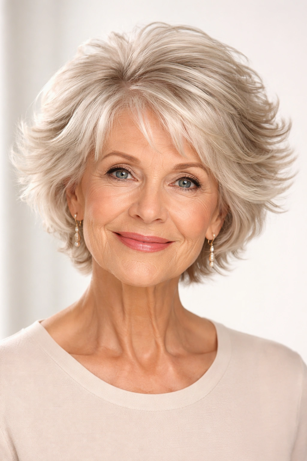 Feathered layers short hairstyle with outward-angled texture