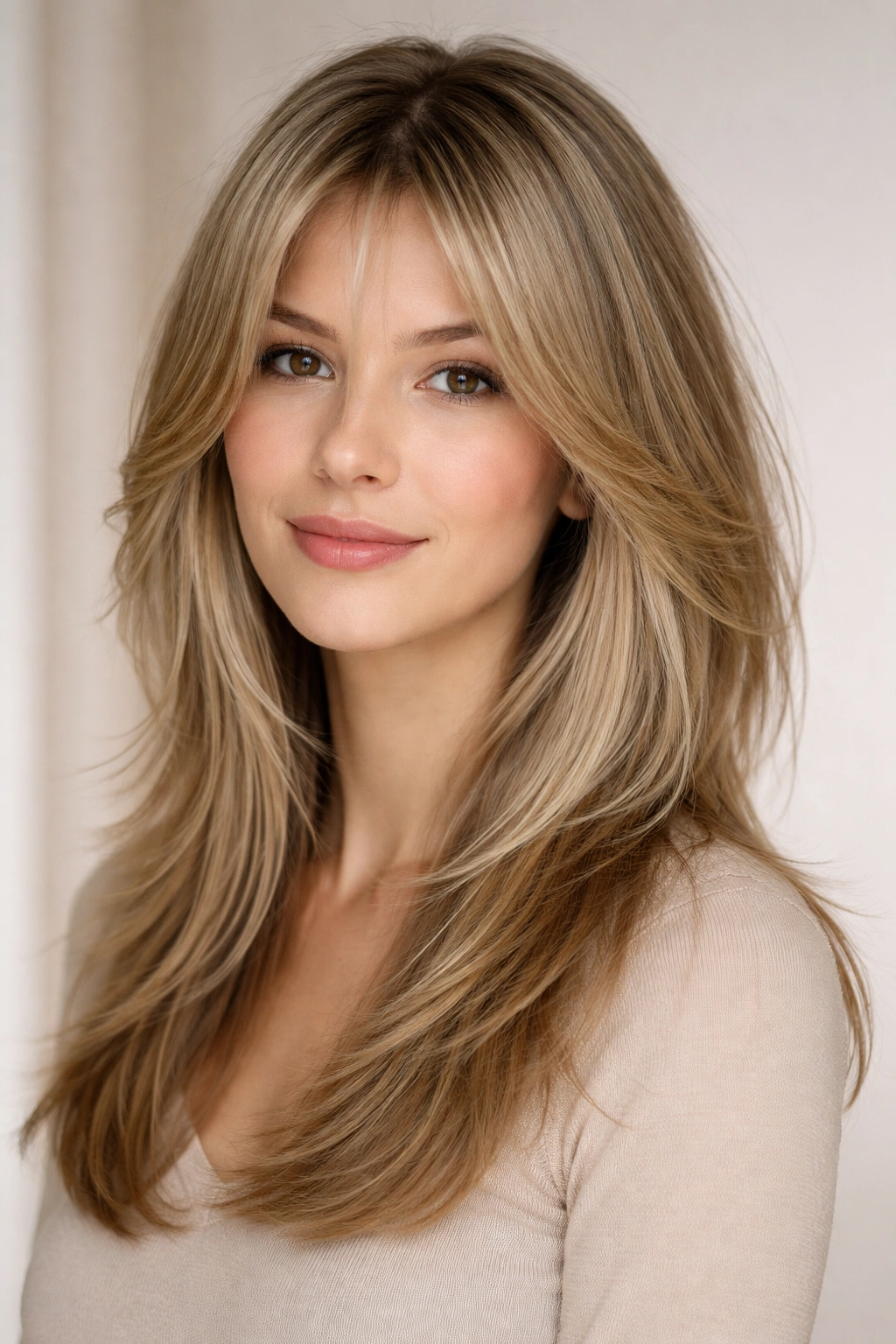Feathered layers on thin straight hair create soft volume and movement.