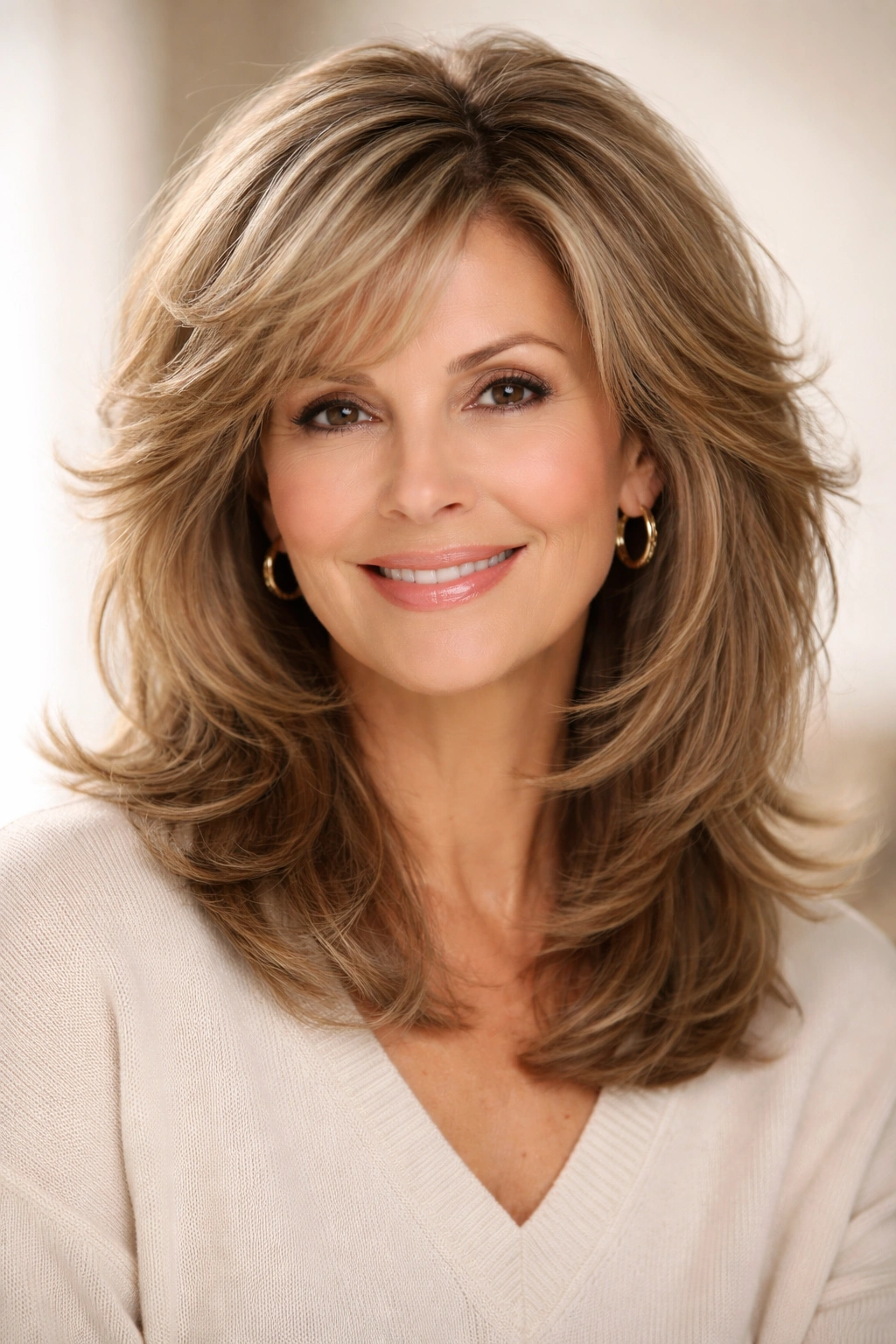 Hair with feathered layers creating volume and soft texture