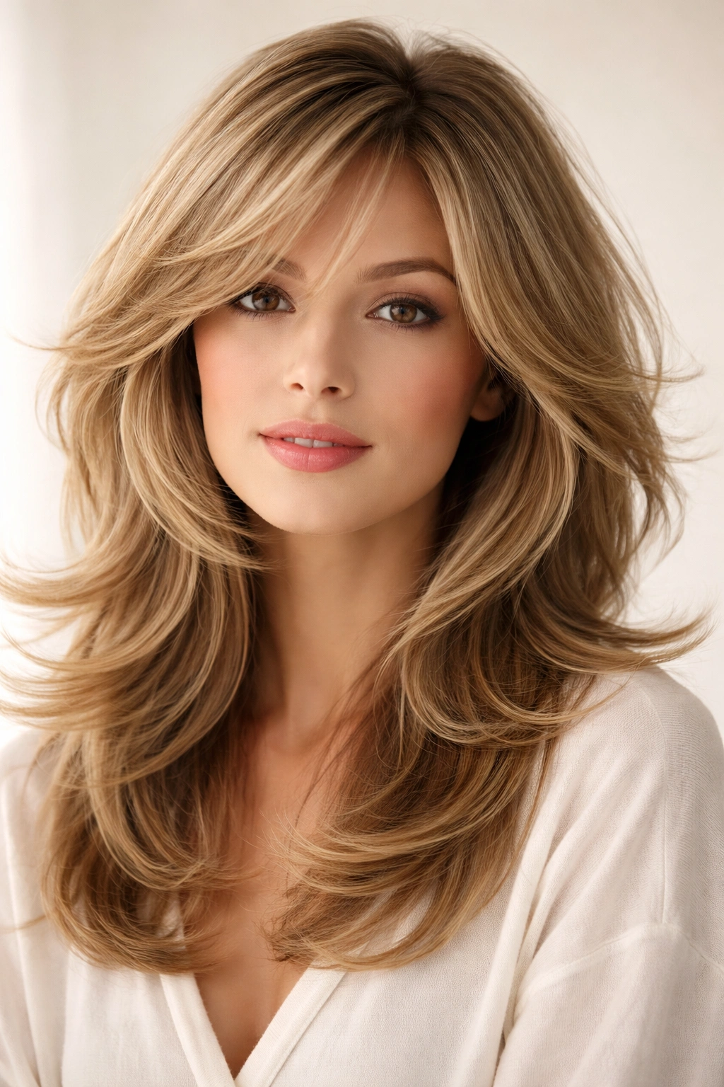 Feathered layer hairstyle with outward flipping ends and crown volume