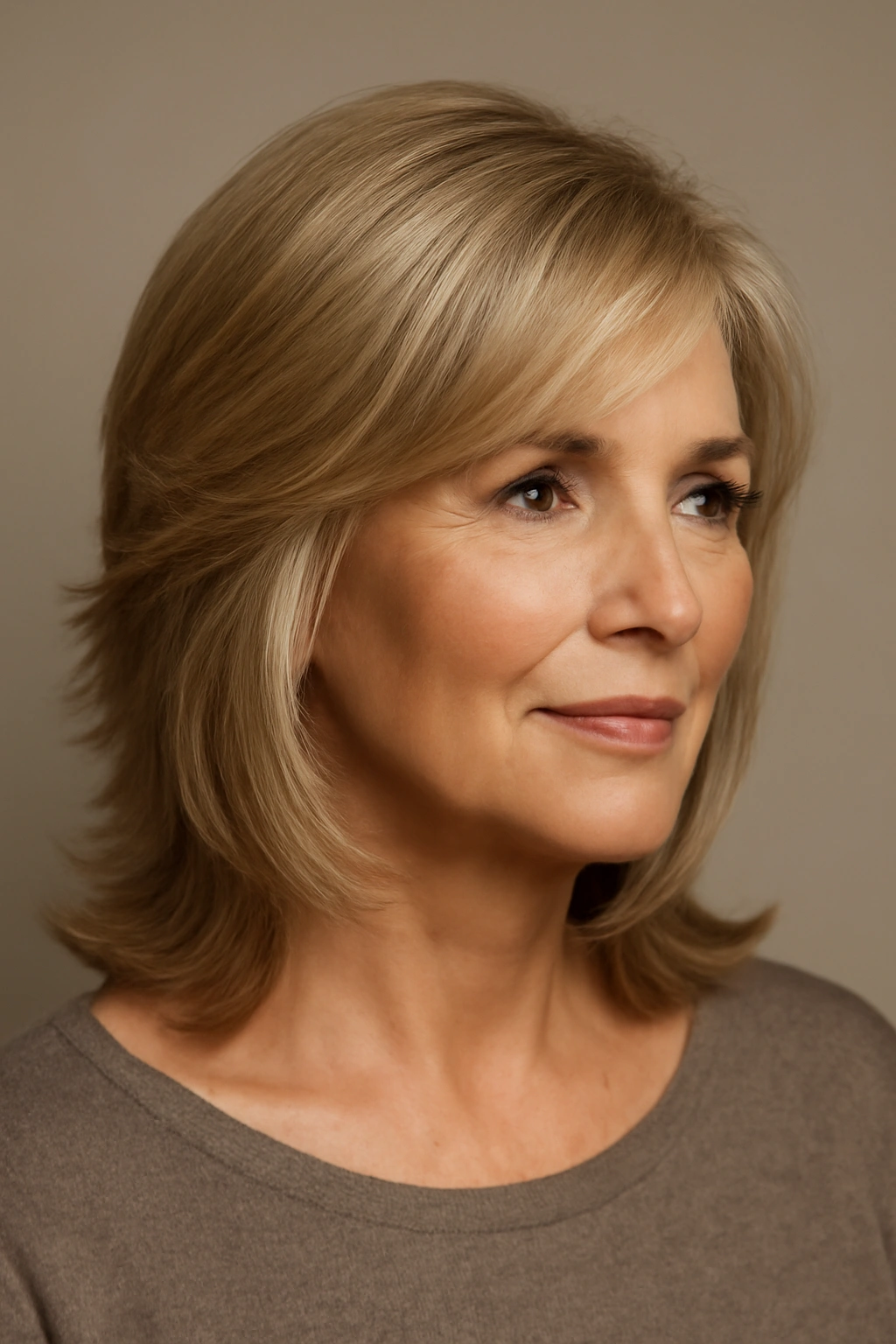 15 Modern Hairstyles for Older Women With Great Style 14 Close-up portrait of a woman with feathered layers creating fullness and soft movement