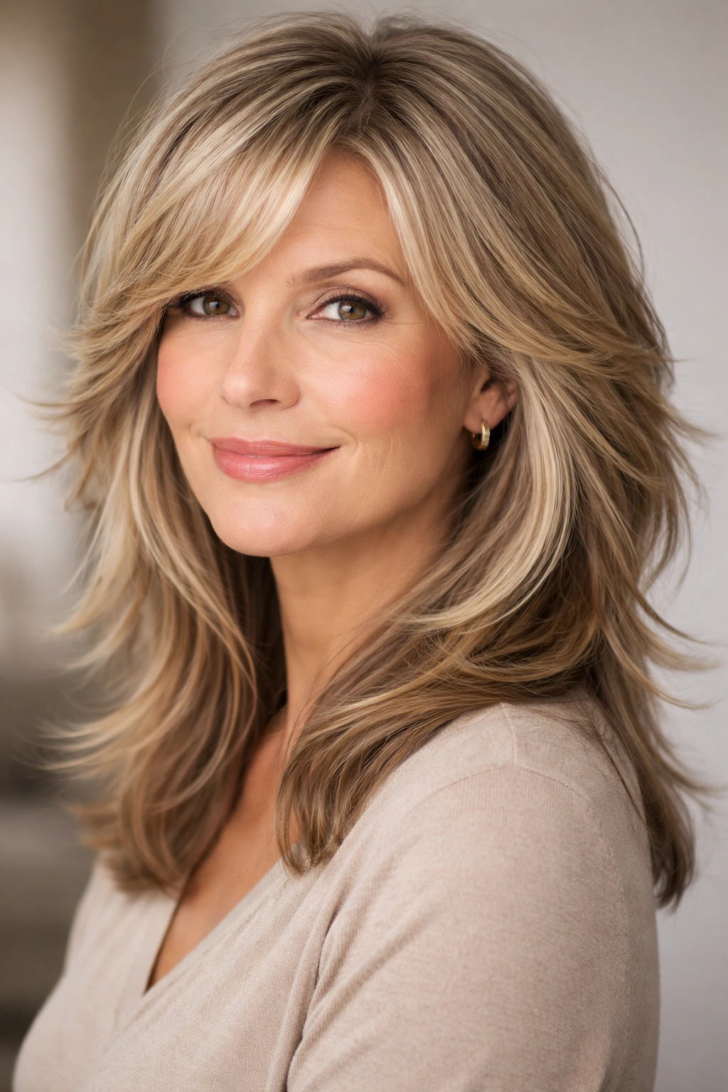 Close-up of hair with feathered layers creating movement and softness.