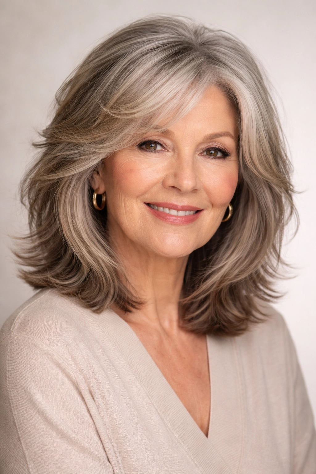 Mature woman with feathered lob displaying soft layers