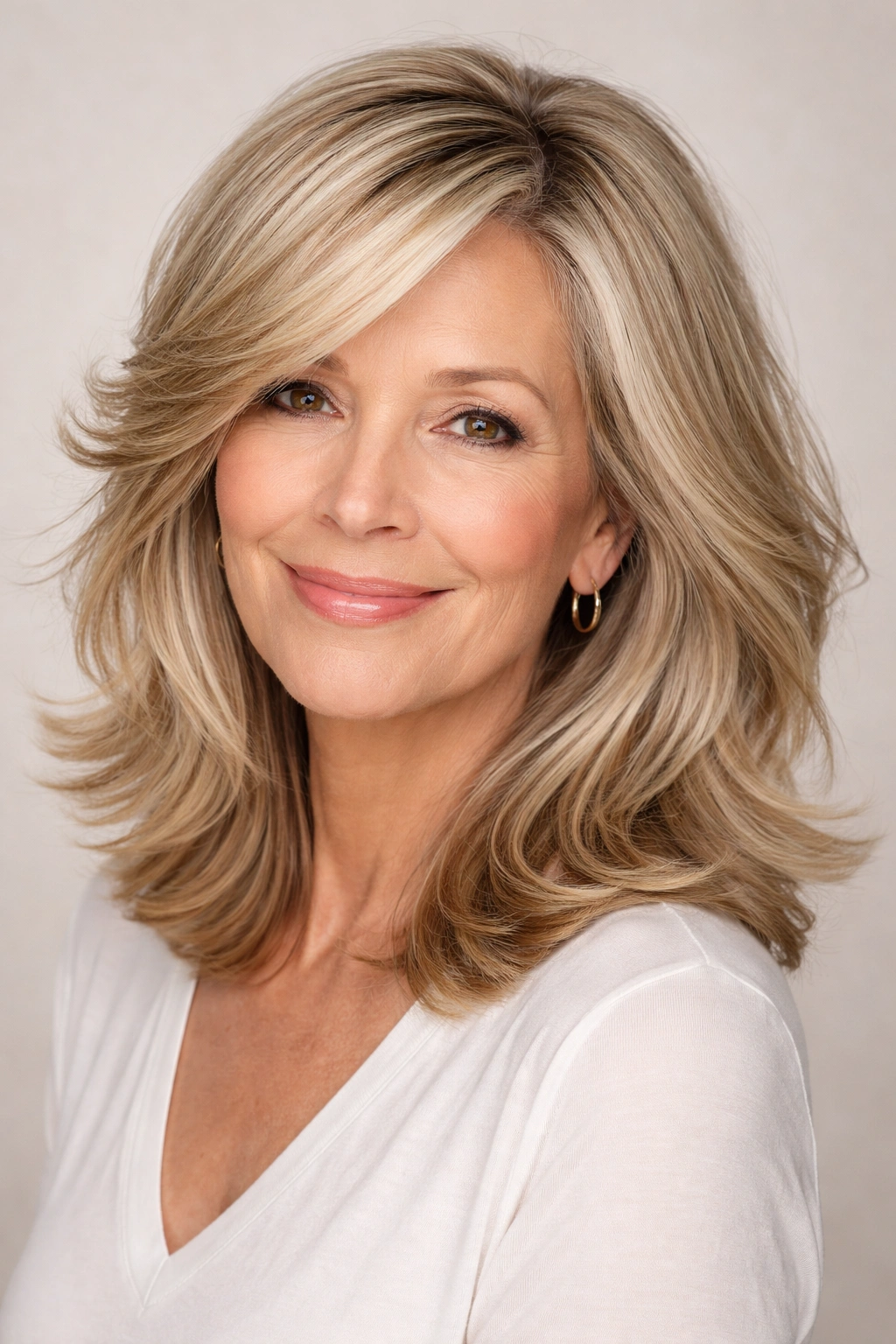 Close-up of a shoulder-length feathered lob with a side part in soft studio lighting