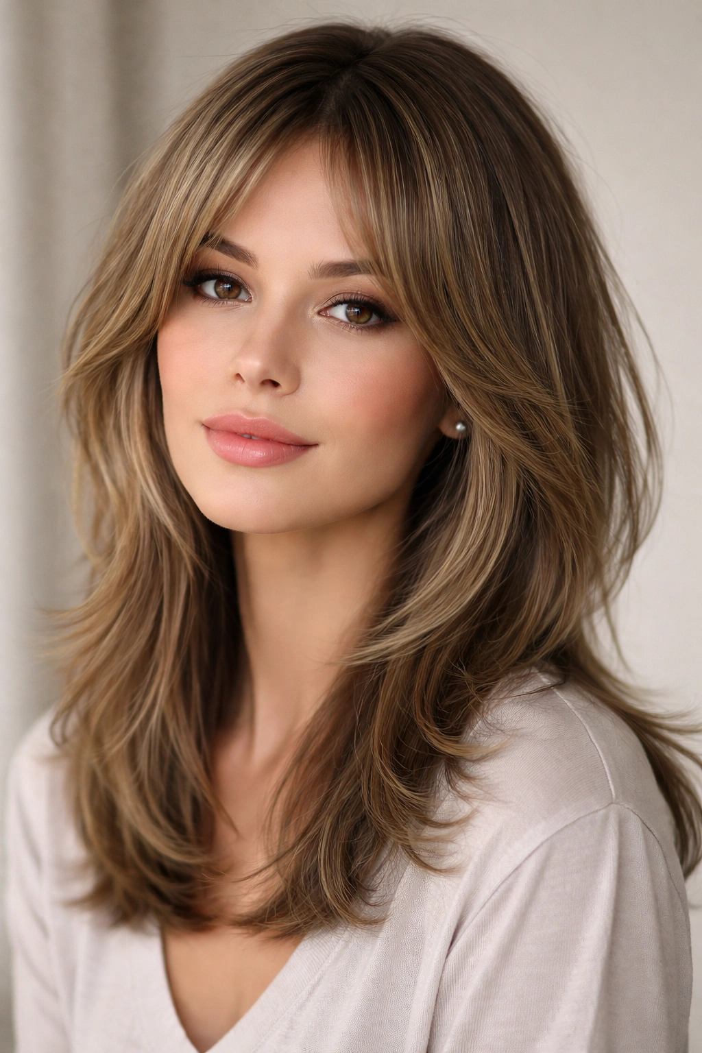 Close-up portrait of feathered midlength hairstyle with cheekbone-length face-framing layers in a neutral studio backdrop