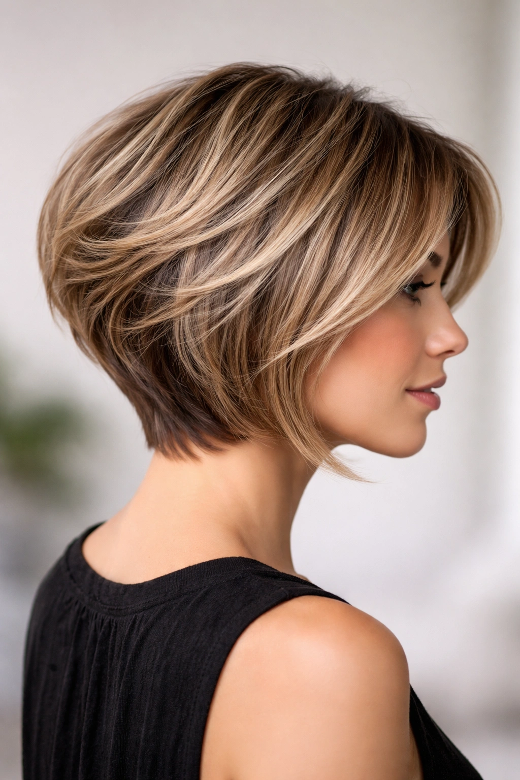 Soft feathered layers on a short stacked bob with movement toward the face and feathered back texture.
