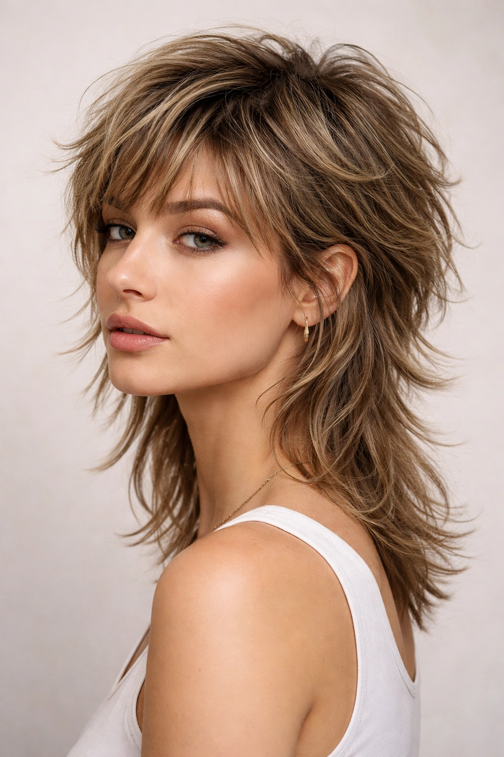 Close-up of a modern feathered mullet with textured top and longer back
