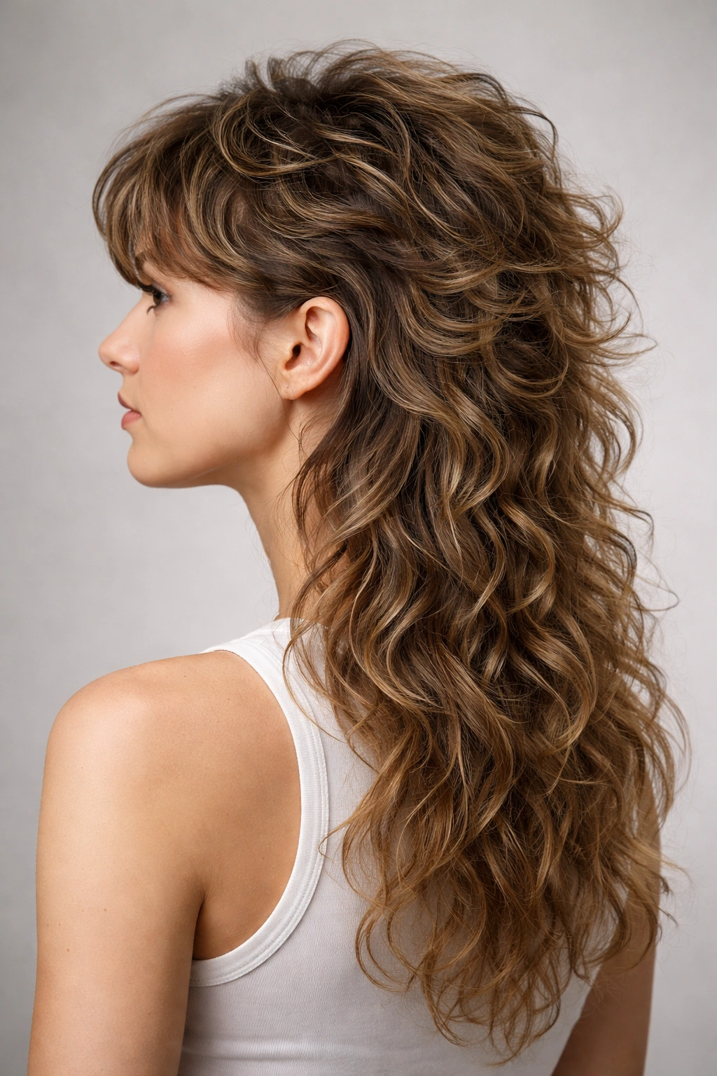 Close-up side profile of a feathered back mullet highlighting feather-cut layers and curly movement