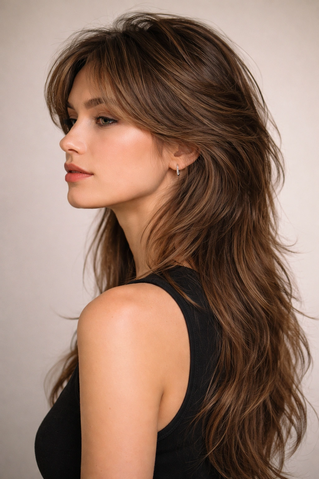Portrait of a person with Classic Long Mullet featuring feathered layers and a long back