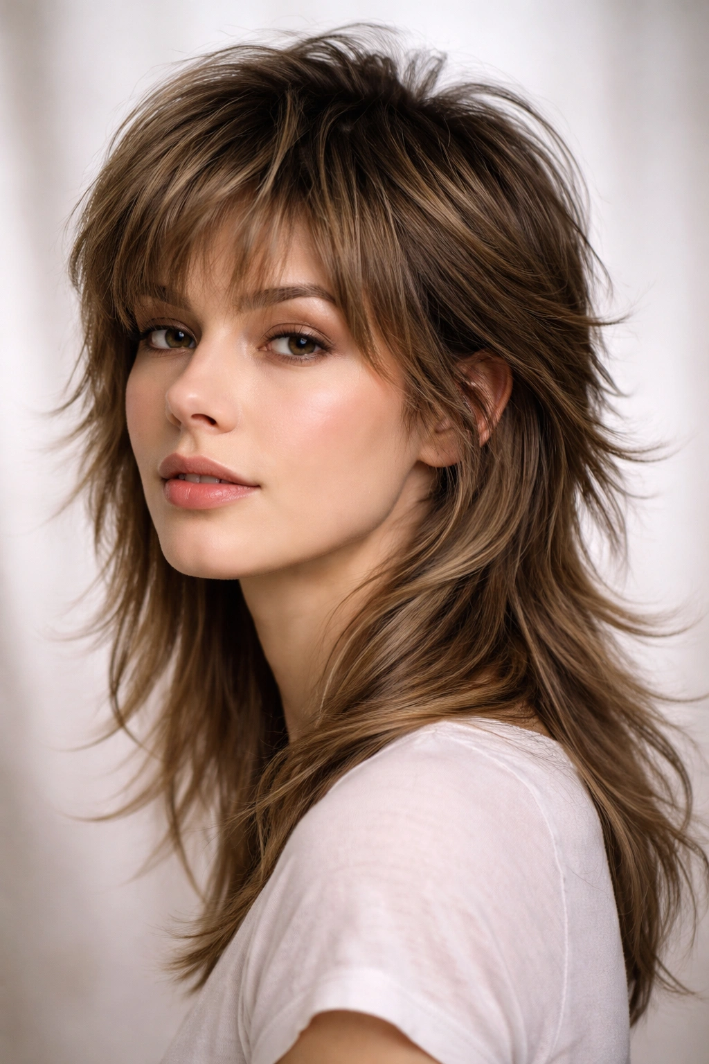 Close-up of a person with a feathered mullet, soft lighting highlighting layered texture.