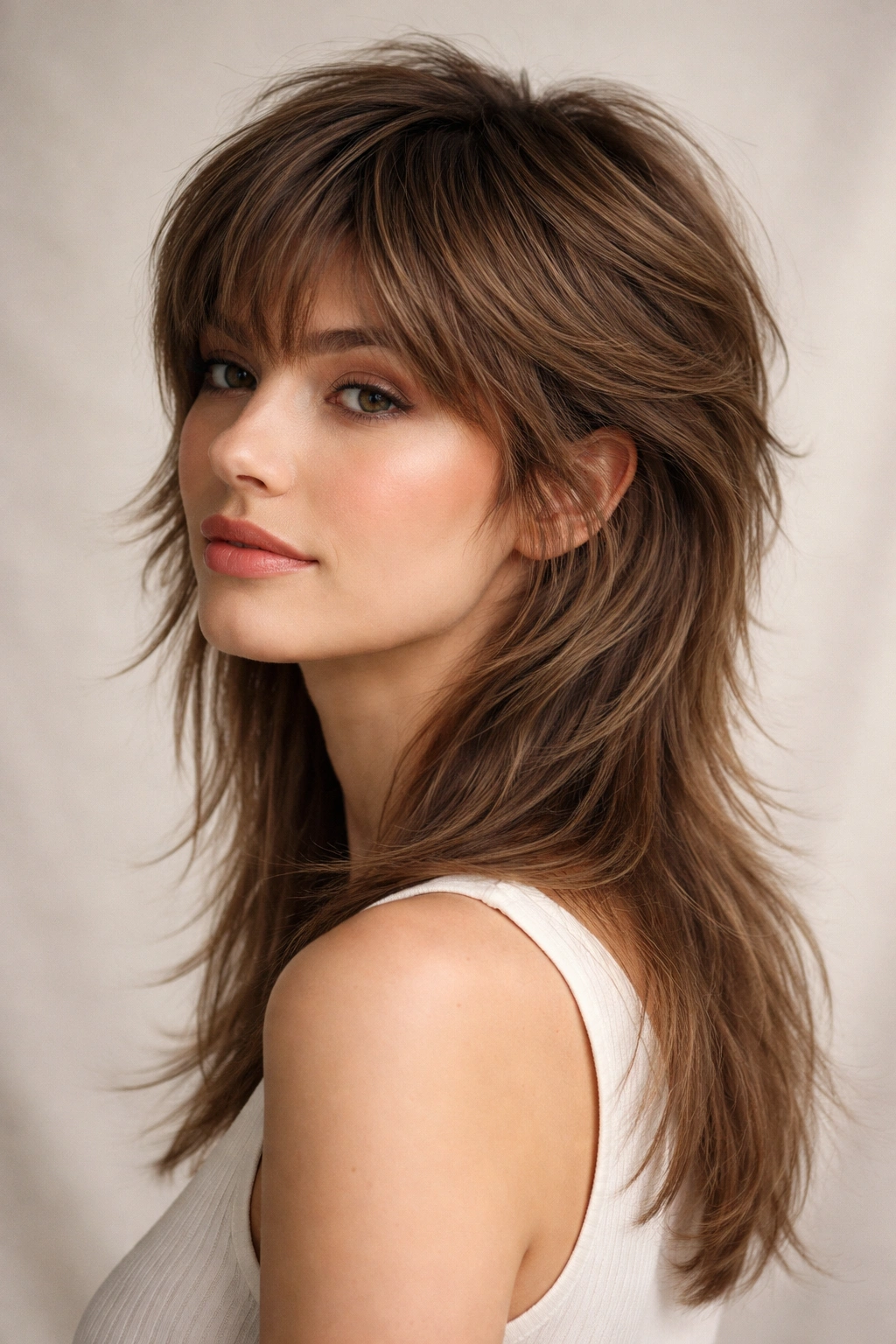 15 Soft Mullet Cuts That Look Good On Almost Anyone 1 Close-up portrait of a person with a classic feathered mullet showing layered crown and long feathered back