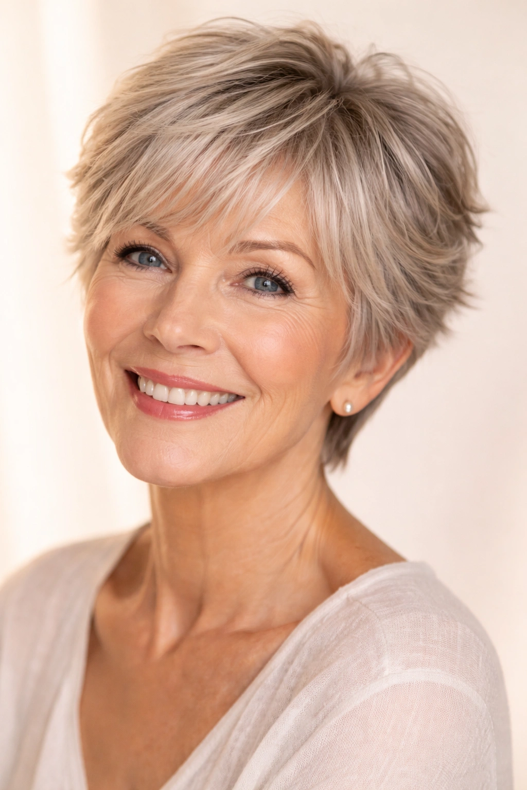 Older woman with feathered pixie cut and soft front bangs