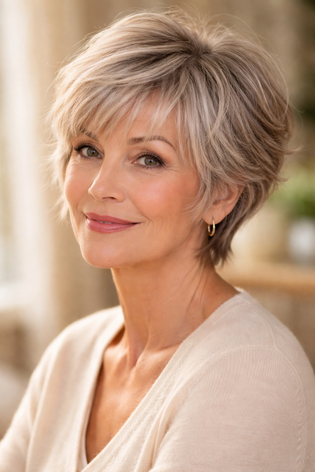 Feathered pixie with wispy bangs on a woman over 60