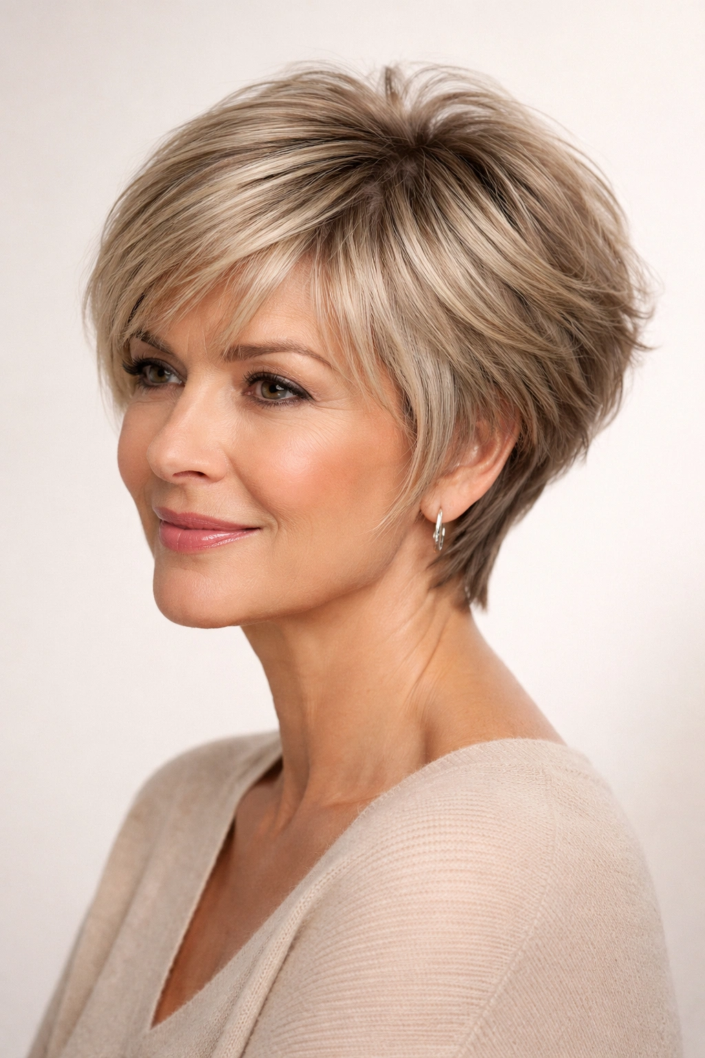 Close-up of feathered pixie bob with crown lift and textured layers