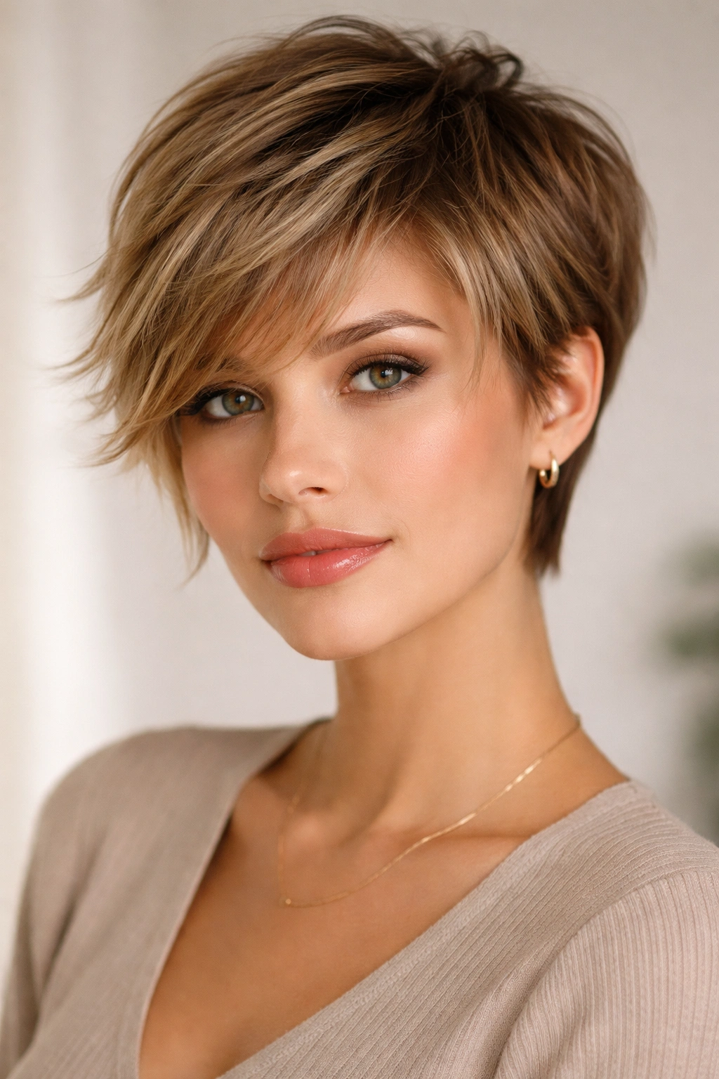 Portrait of a model with feathered front pieces and cropped sides in a pixie-bob hybrid