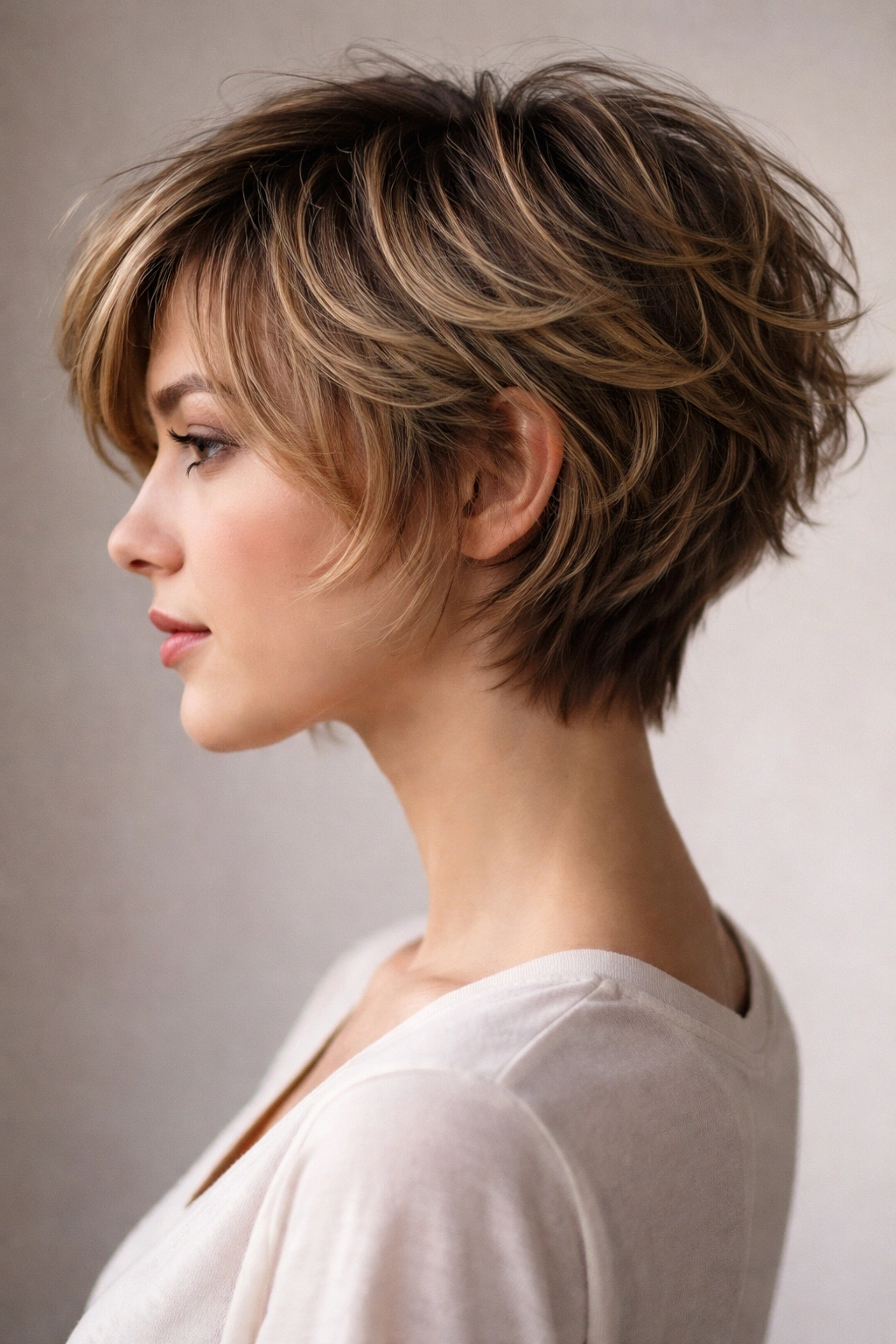Feathered pixie-bob hairstyle with lifted crown