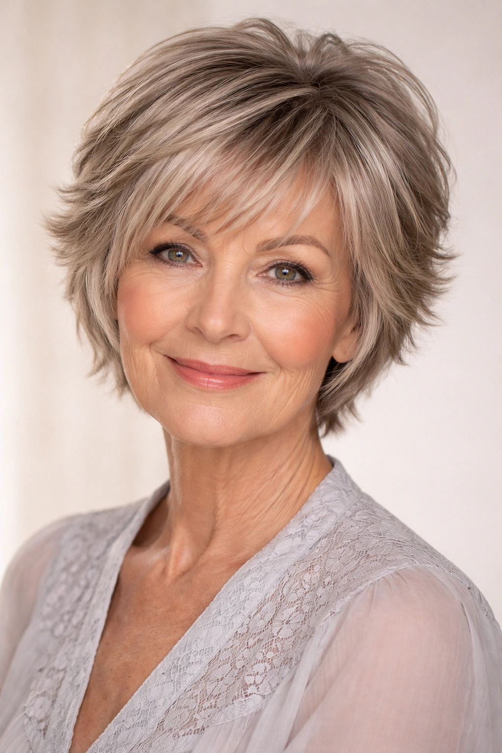 Feathered pixie bob with angled bangs and soft layers