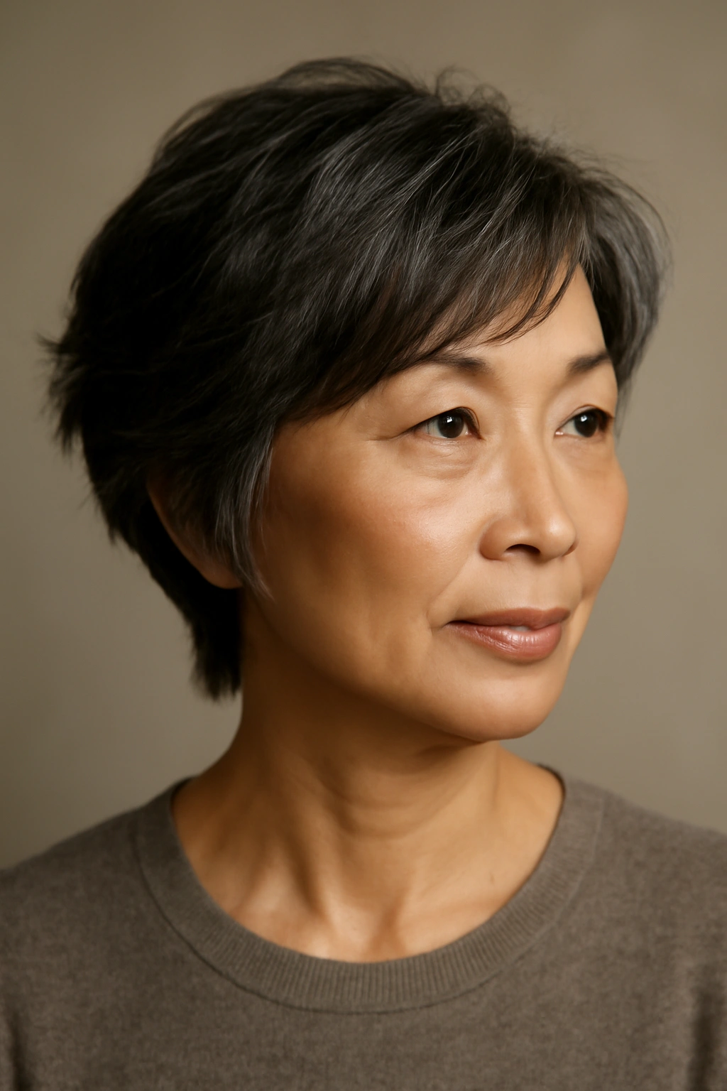 10 Short Haircuts for Asian Women Over 50 to Try 6 Portrait of an Asian woman over 50 with a feathered pixie-bob hybrid.