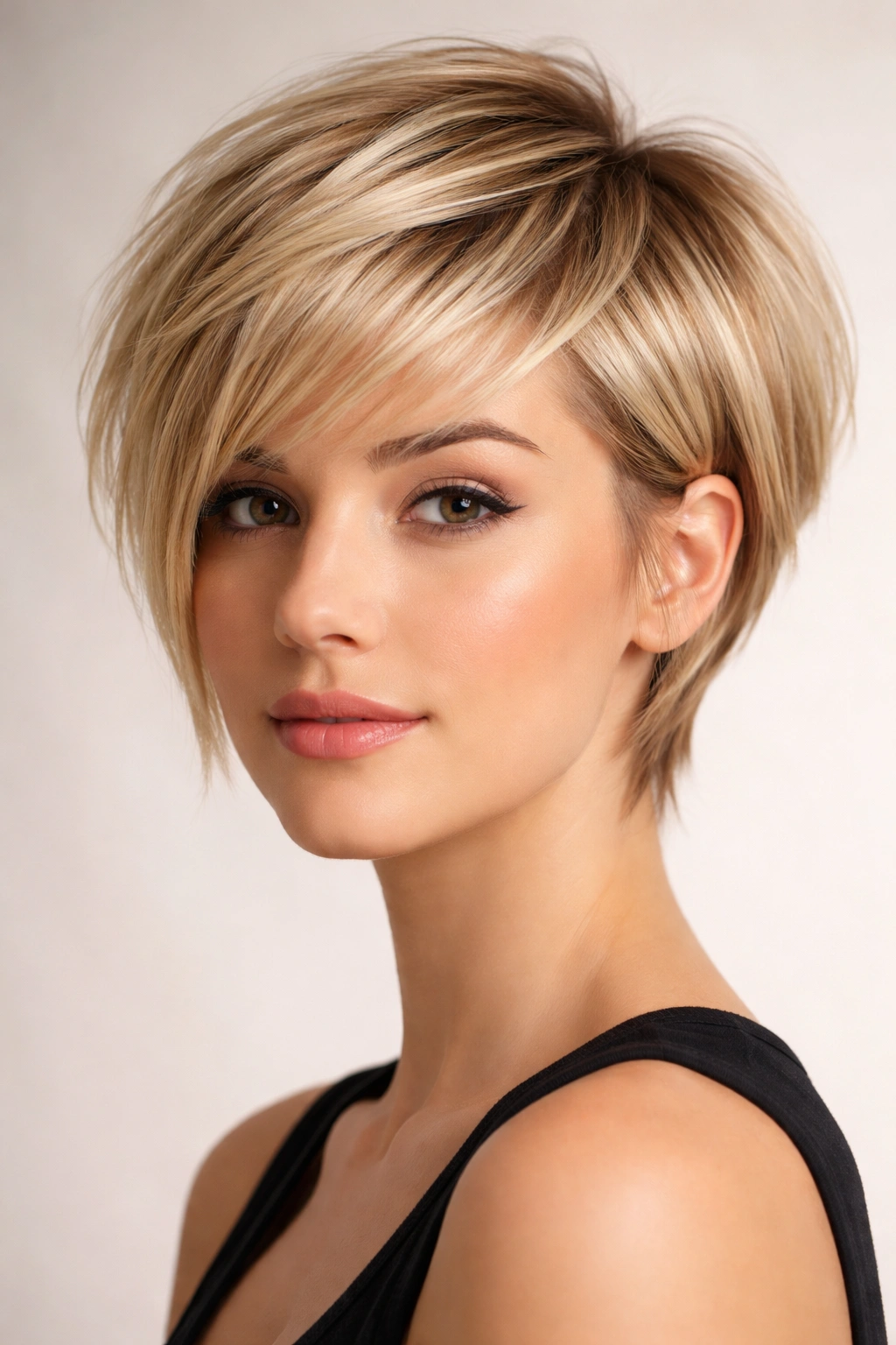 Close-up portrait showing straight blonde hair with feathered pixie-bob layers