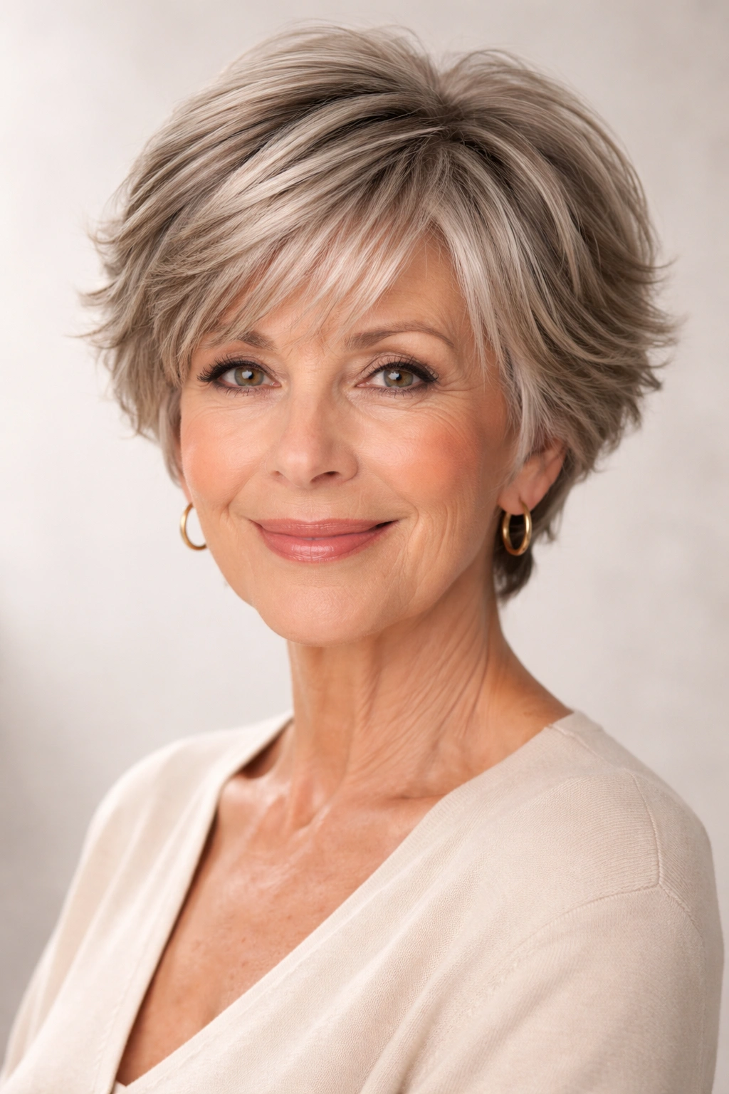 Feathered pixie bob with face-framing highlights