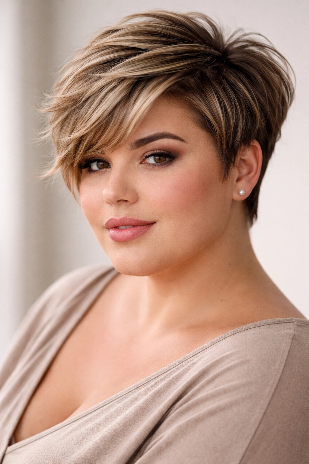 Portrait of plus-size model with feathered pixie-bob hybrid showing crown volume and soft layers
