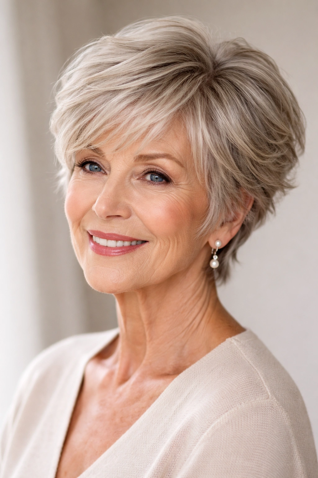 Feathered pixie bob with face-framing layers
