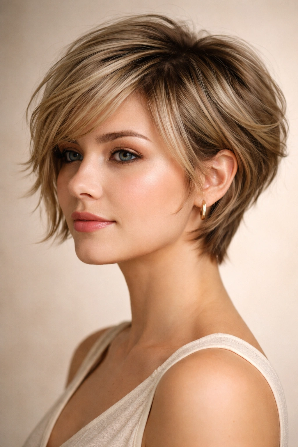 Feathered pixie bob with soft layered movement away from the face